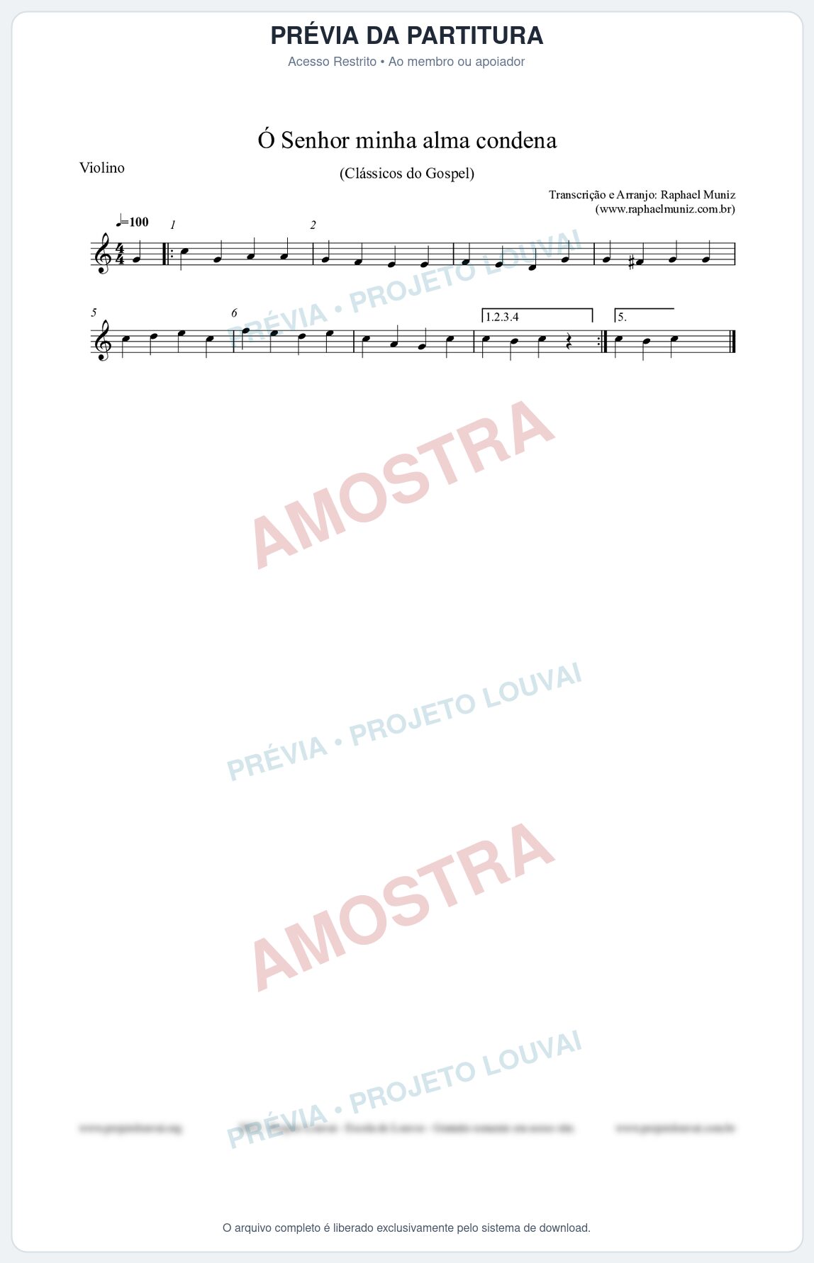 Prévia protegida da primeira página da partitura Partitura para Violino - Ó Senhor minha alma condena - Open Hymnal nº142 - Clássicos do Gospel
