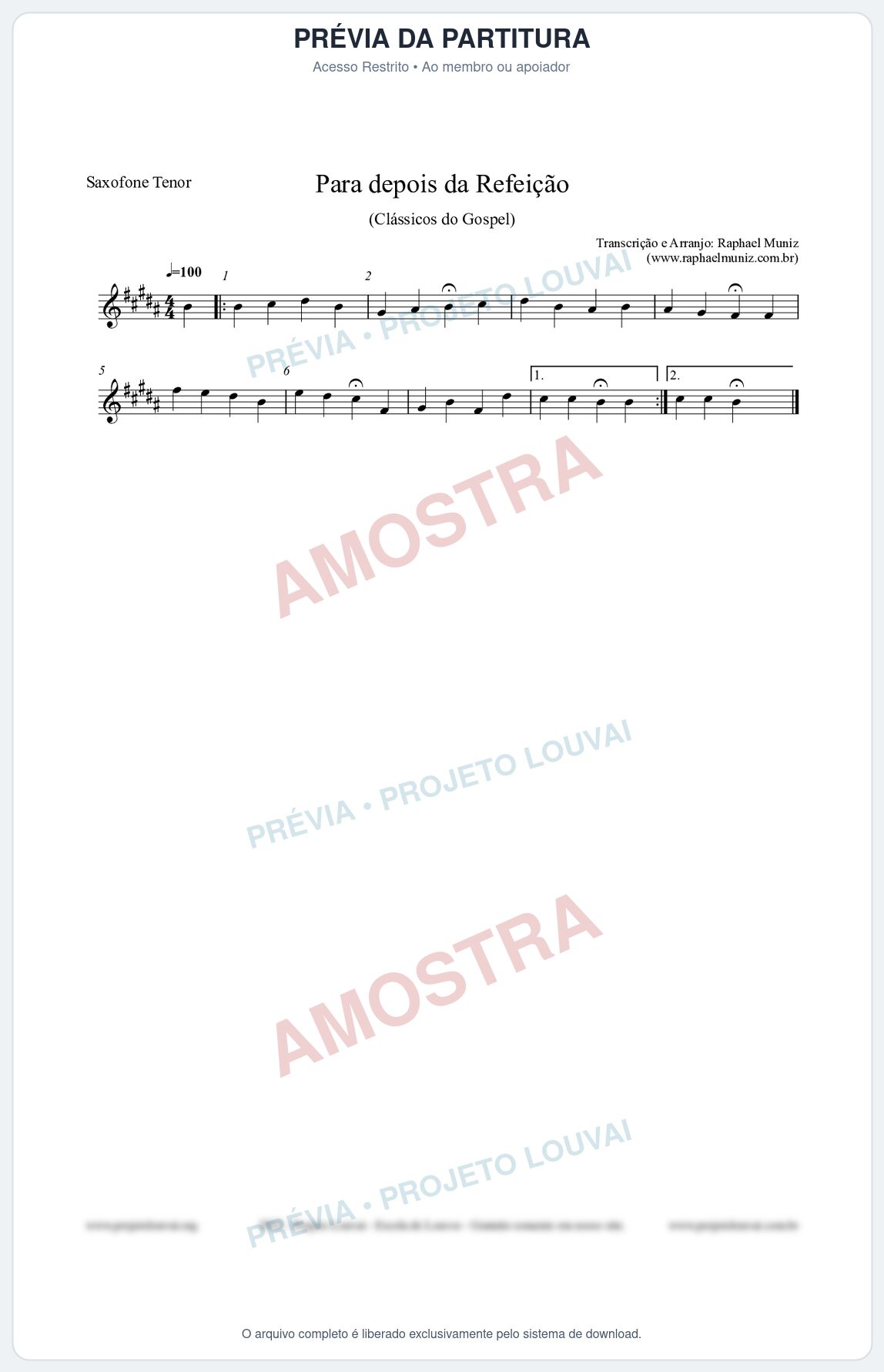 Prévia protegida da primeira página da partitura Partitura para Saxofone Tenor - Para depois da refeição - Salmos e Hinos nº534 - Clássicos do Gospel