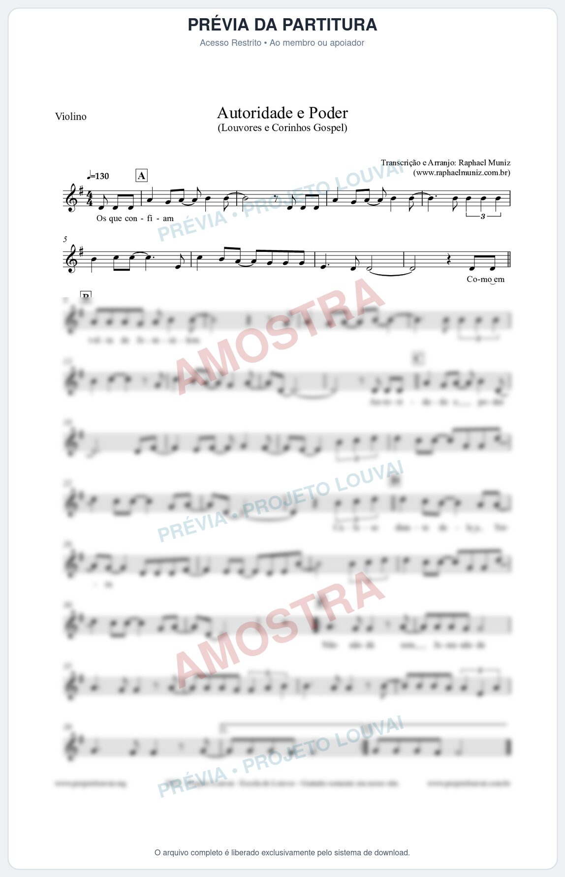 Prévia protegida da primeira página da partitura Partitura para Violino - Autoridade e Poder - Louvores e Corinhos Gospel