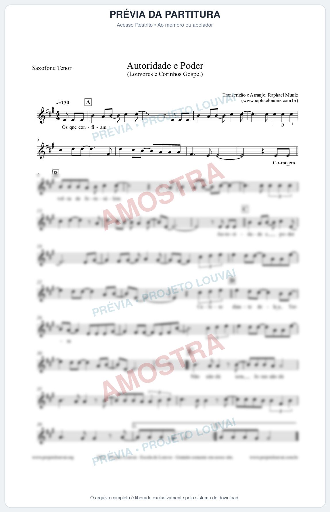 Prévia protegida da primeira página da partitura Partitura para Saxofone Tenor - Autoridade e Poder - Louvores e Corinhos Gospel