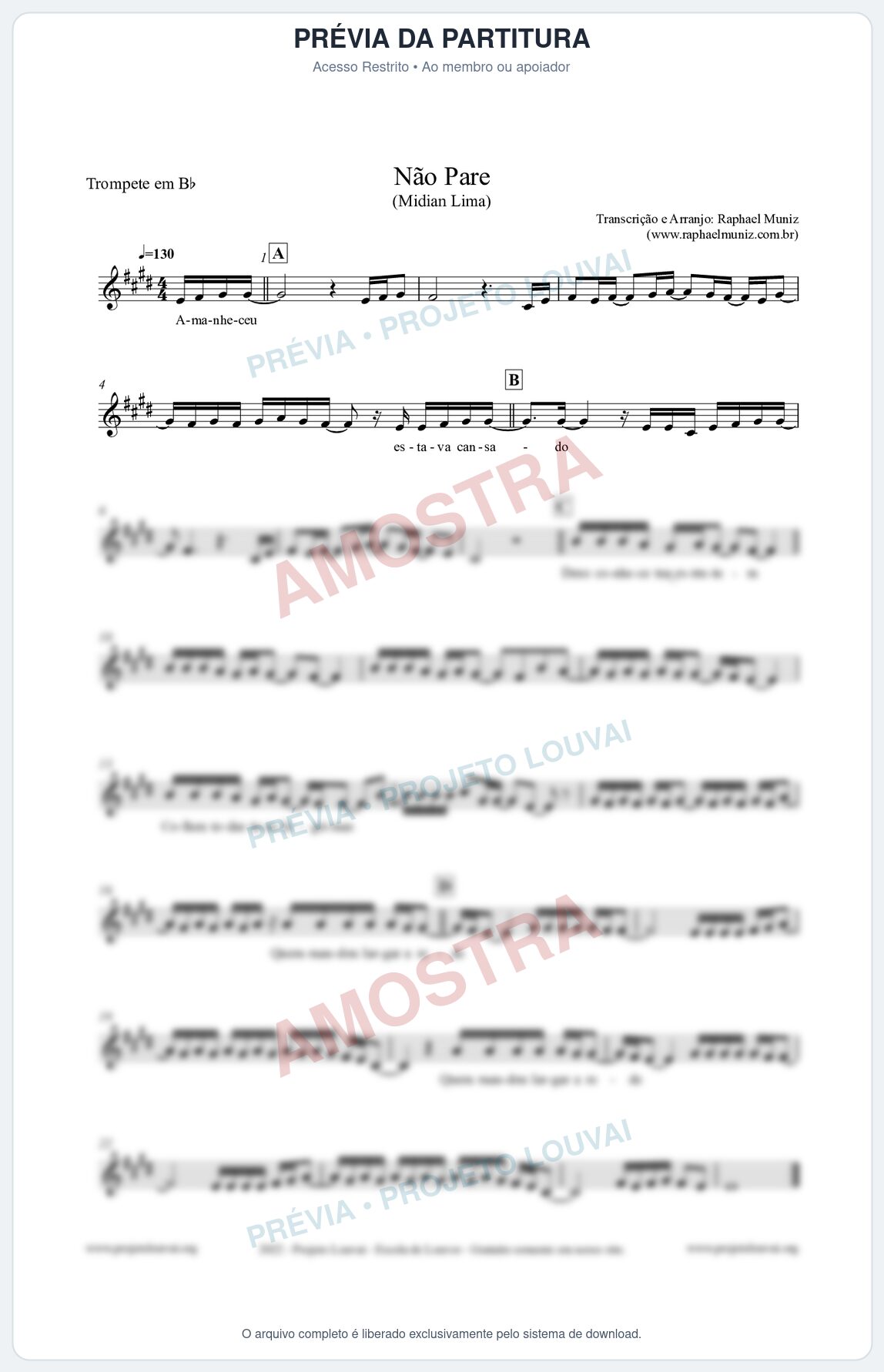 Prévia protegida da primeira página da partitura Partitura para Trompete em Bb - Não Pare - Midian Lima