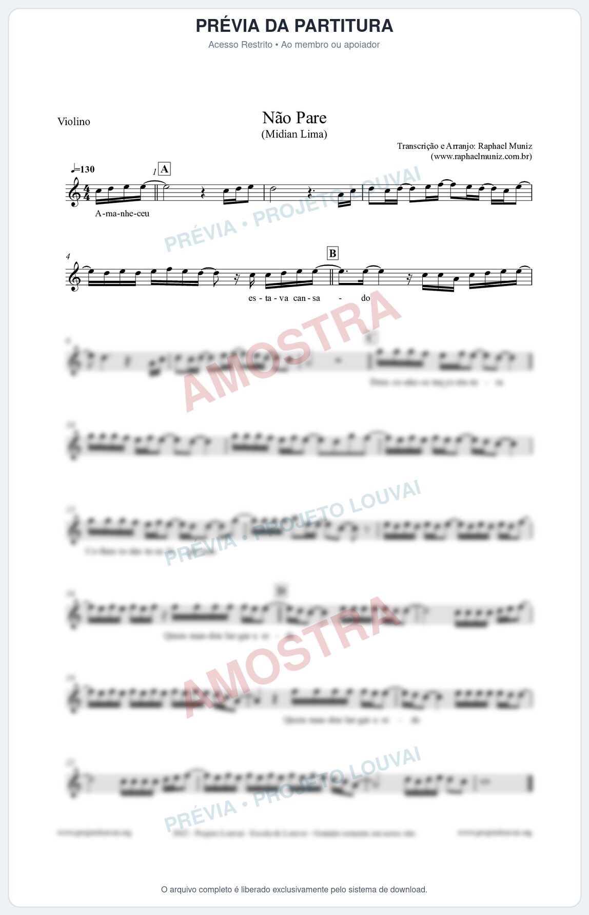 Prévia protegida da primeira página da partitura Partitura para Violino - Não Pare - Midian Lima