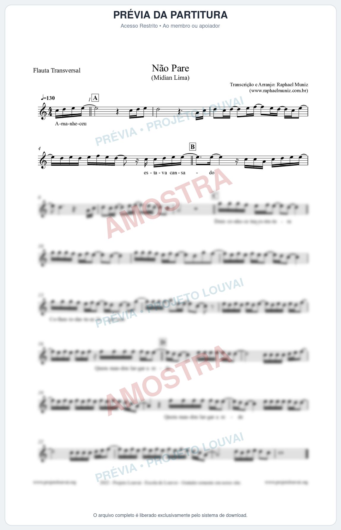 Prévia protegida da primeira página da partitura Partitura para Flauta Transversal - Não Pare - Midian Lima