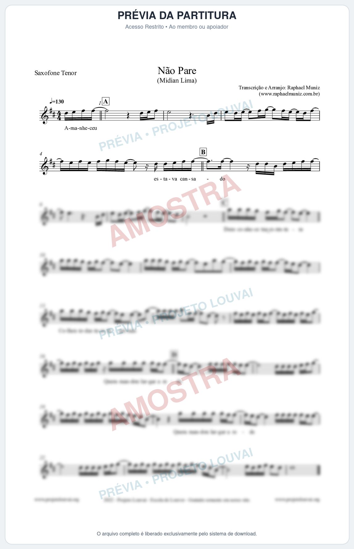 Prévia protegida da primeira página da partitura Partitura para Saxofone Tenor - Não Pare - Midian Lima