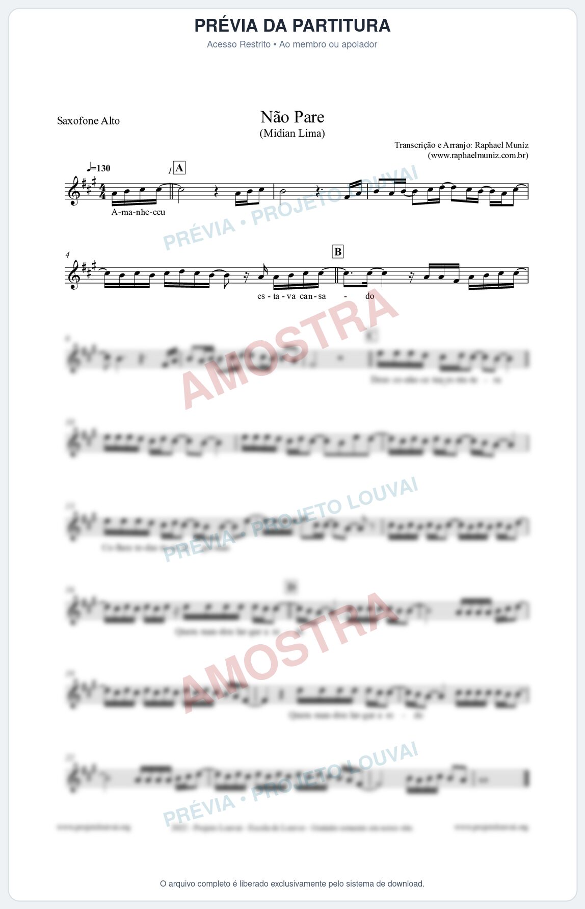 Prévia protegida da primeira página da partitura Partitura para Saxofone Alto - Não Pare - Midian Lima
