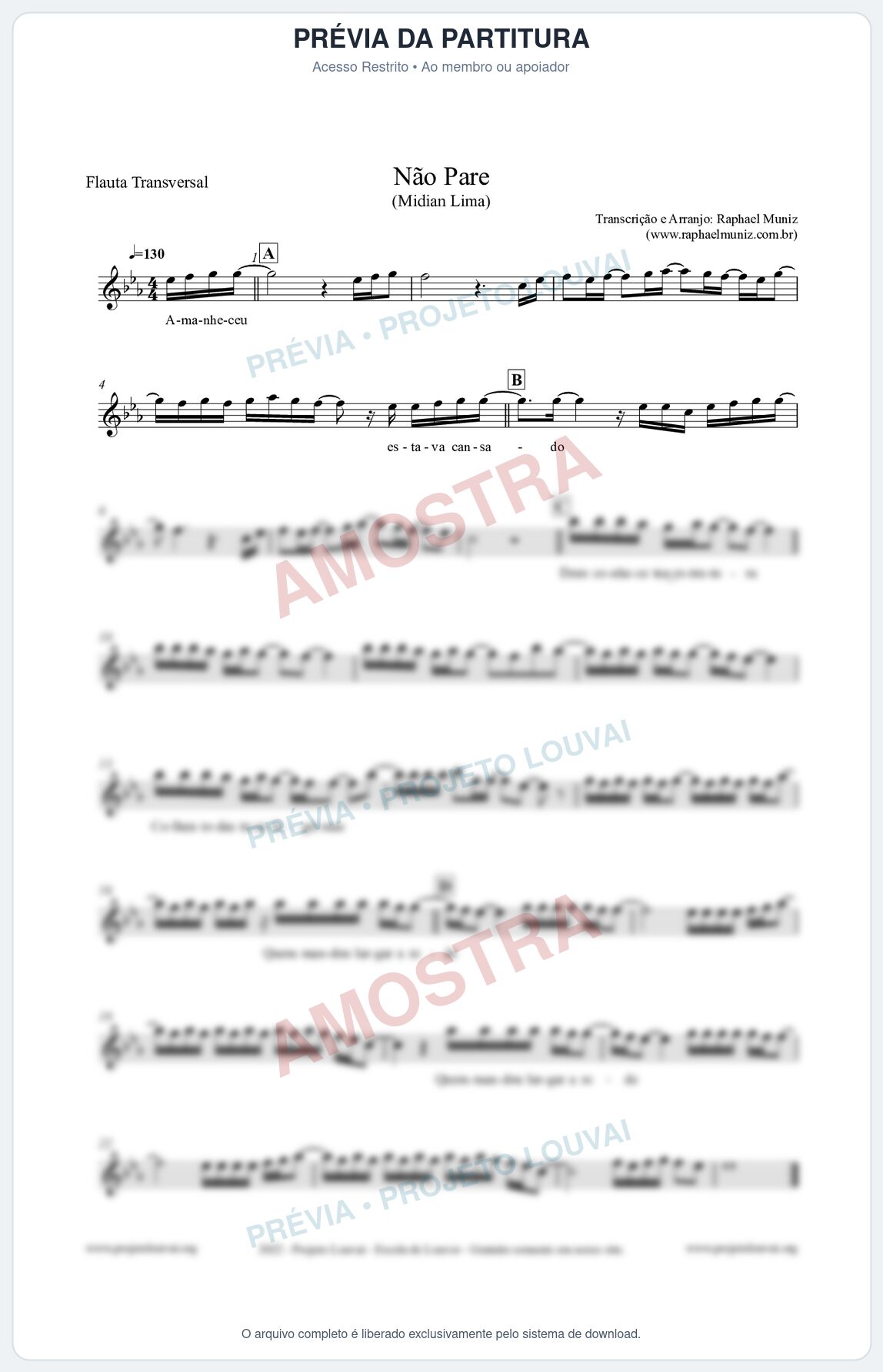 Prévia protegida da primeira página da partitura Partitura para Flauta Transversal - Não Pare - Midian Lima