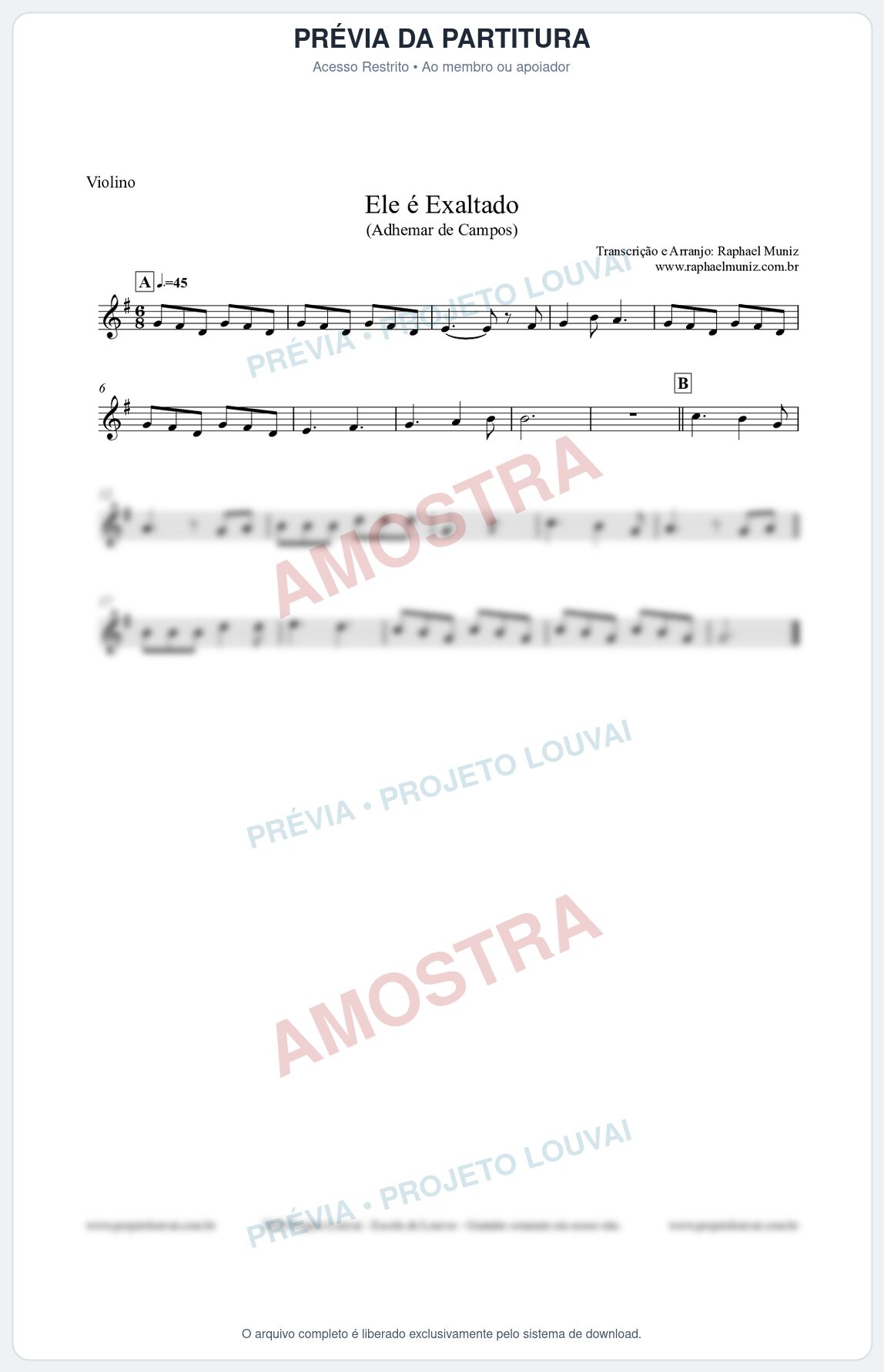 Prévia protegida da primeira página da partitura Partitura para Violino - Ele é Exaltado (Adhemar de Campos) - Clássicos do Gospel