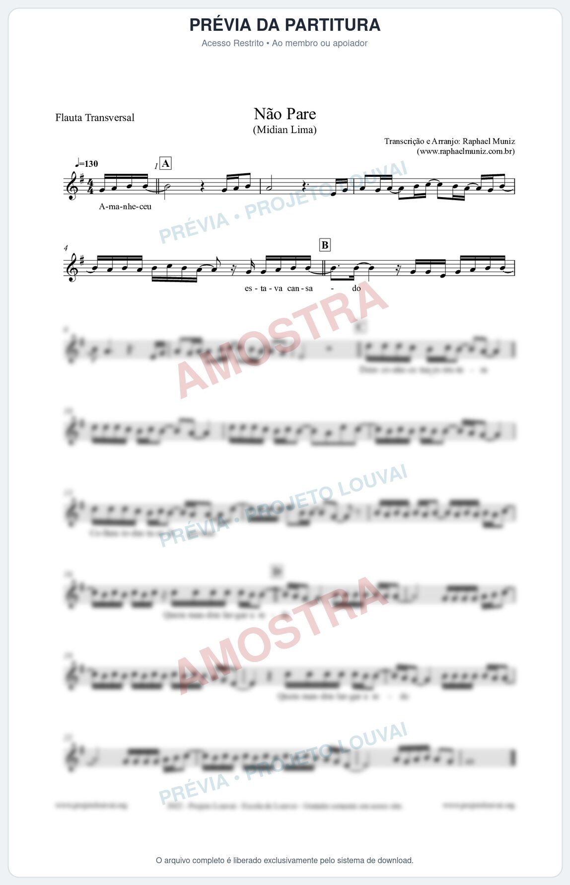 Prévia protegida da primeira página da partitura Partitura para Flauta Transversal - Não Pare - Midian Lima