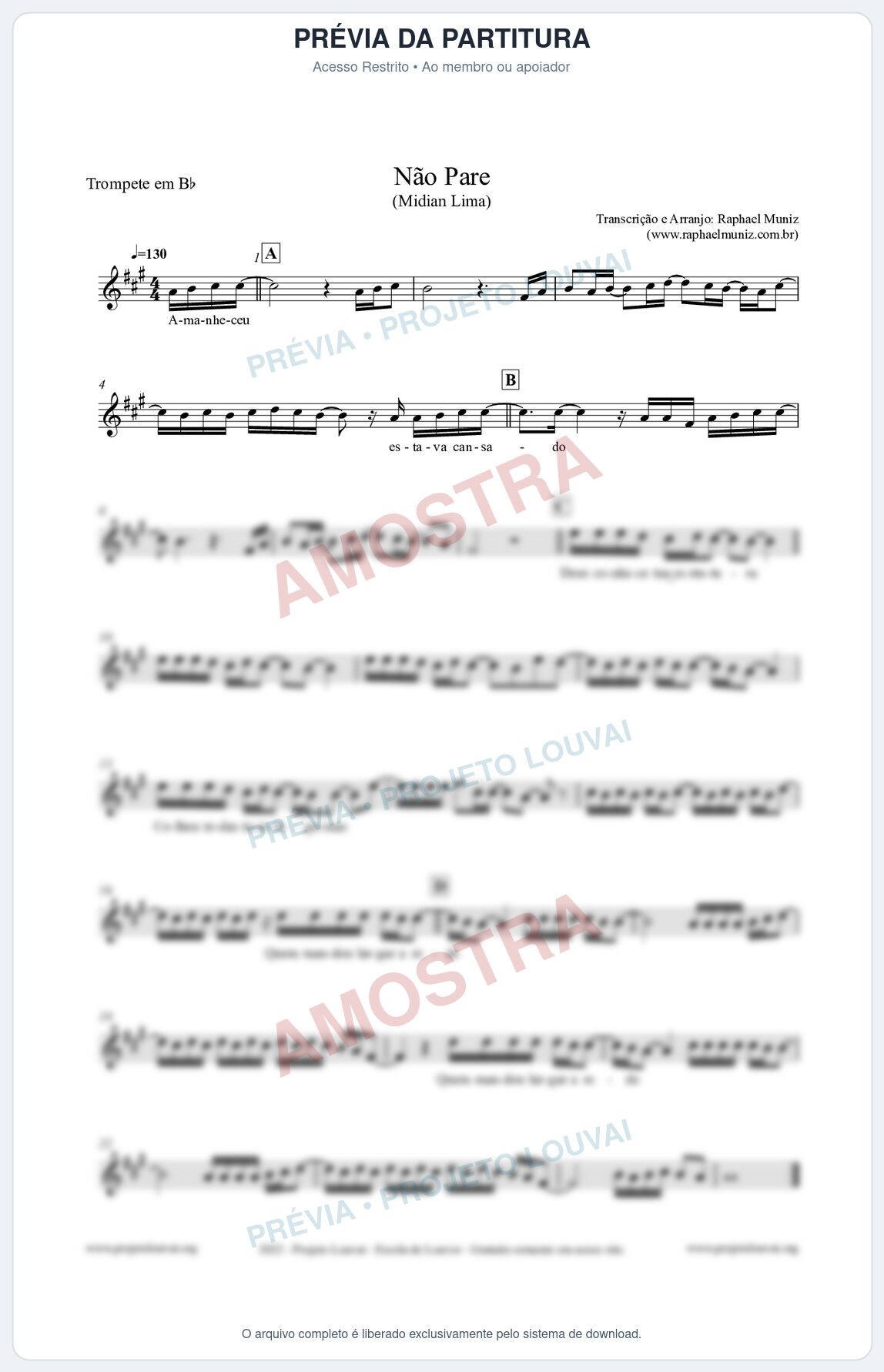 Prévia protegida da primeira página da partitura Partitura para Trompete em Bb - Não Pare - Midian Lima