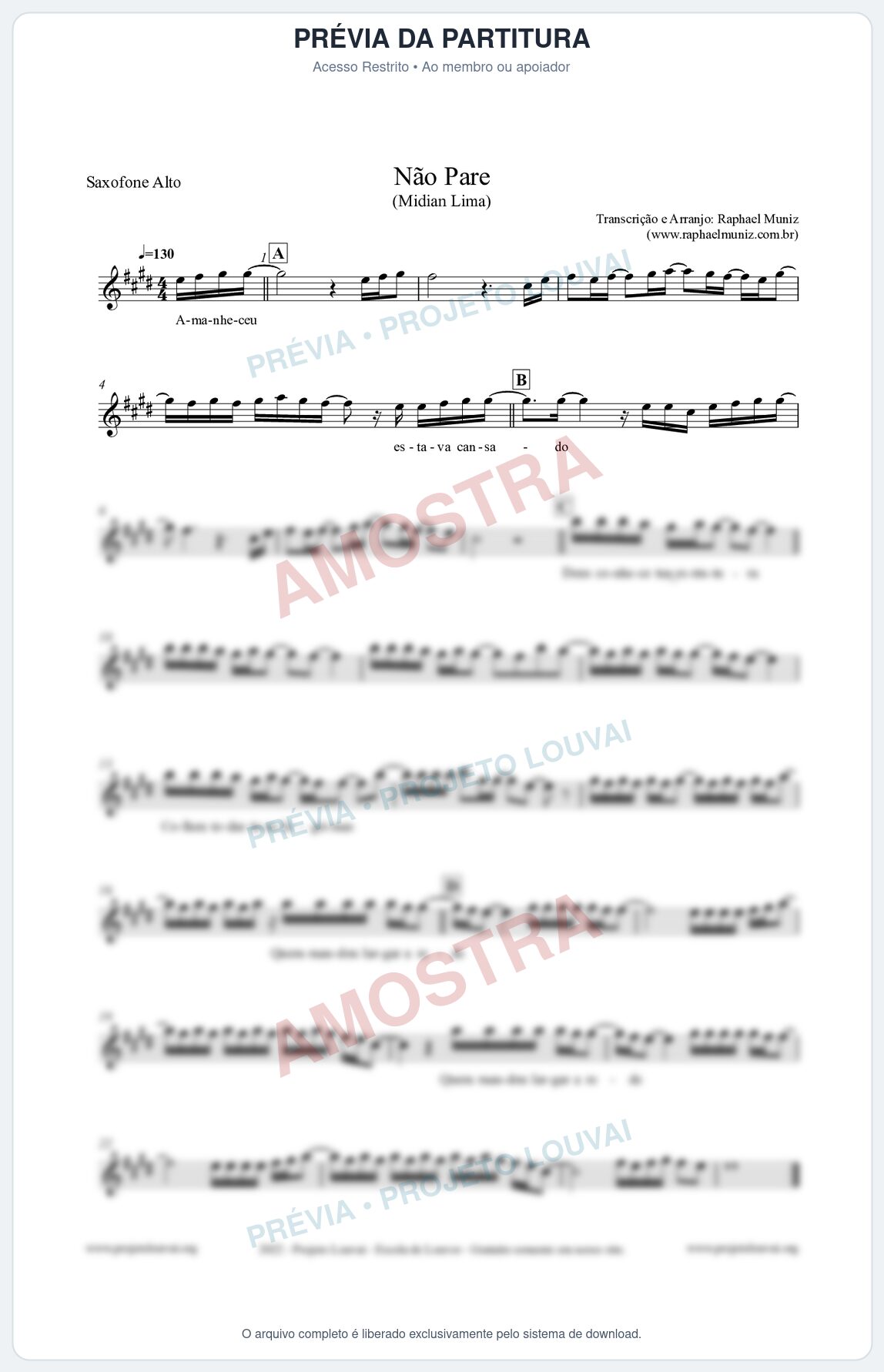 Prévia protegida da primeira página da partitura Partitura para Saxofone Alto - Não Pare - Midian Lima