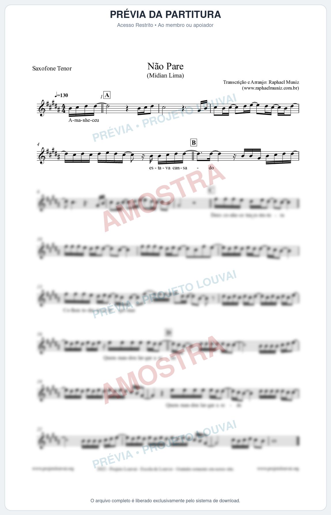 Prévia protegida da primeira página da partitura Partitura para Saxofone Tenor - Não Pare - Midian Lima