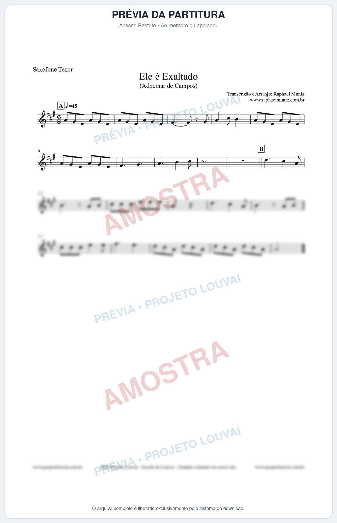 Prévia protegida da primeira página da partitura Partitura para Saxofone Tenor - Ele é Exaltado (Adhemar de Campos) - Clássicos do Gospel