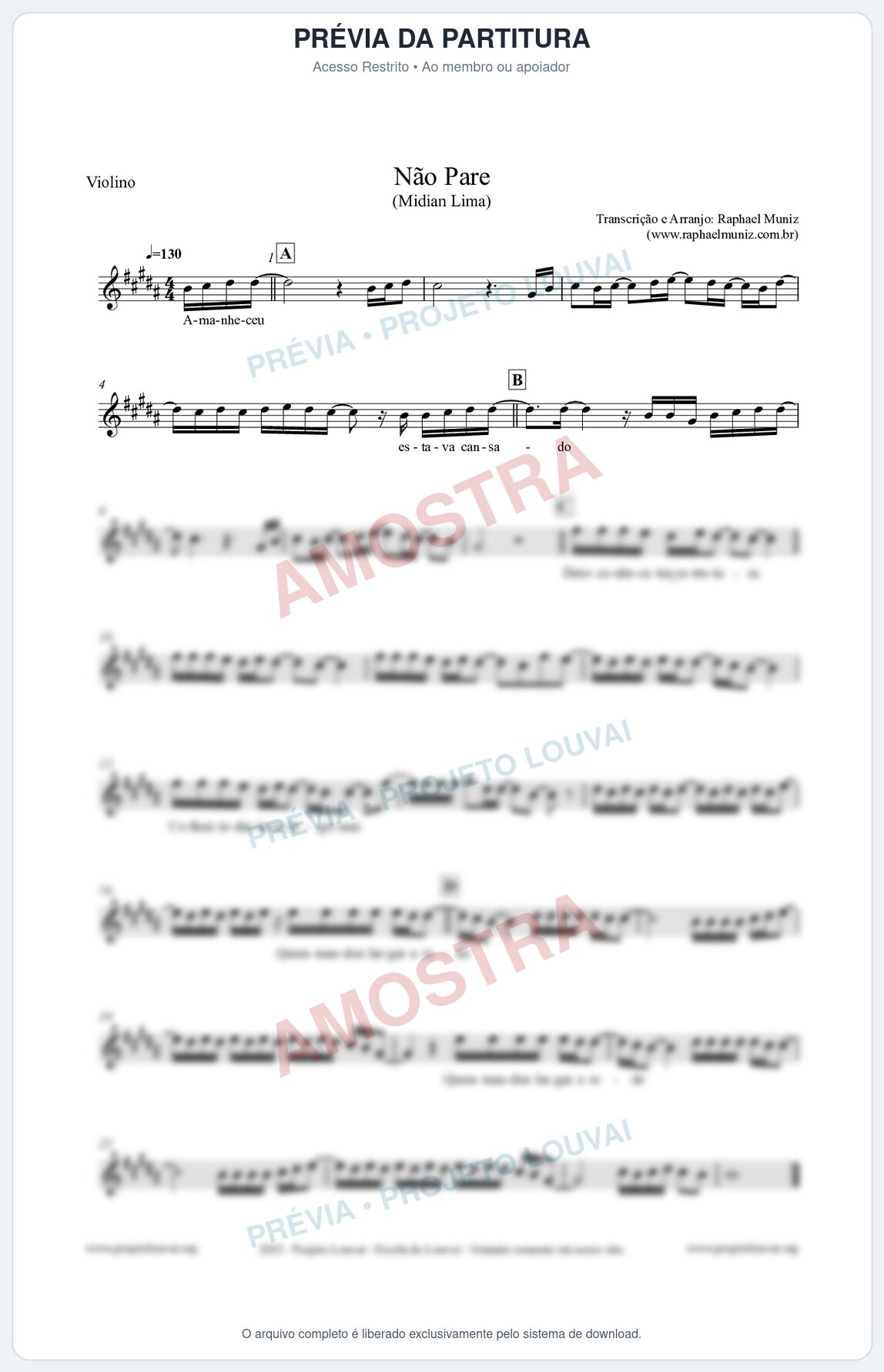 Prévia protegida da primeira página da partitura Partitura para Violino - Não Pare - Midian Lima