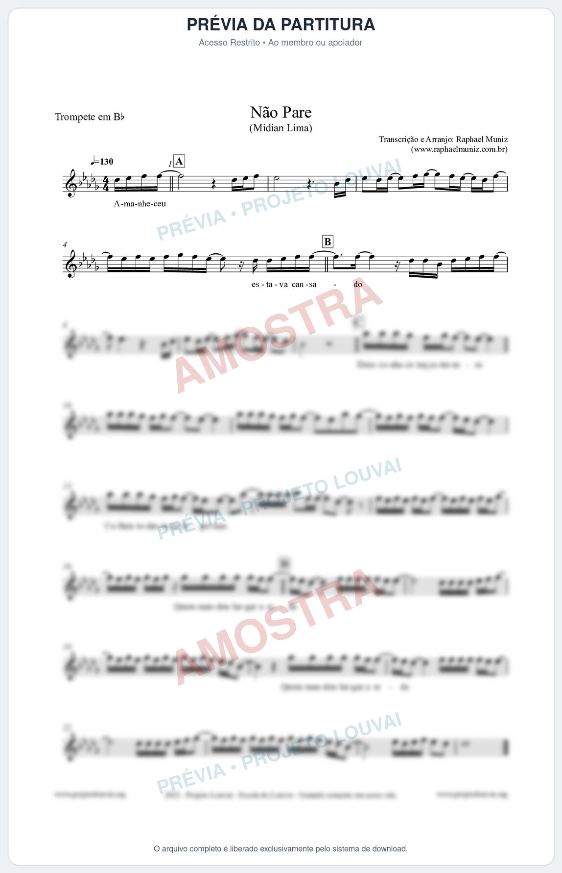 Prévia protegida da primeira página da partitura Partitura para Trompete em Bb - Não Pare - Midian Lima