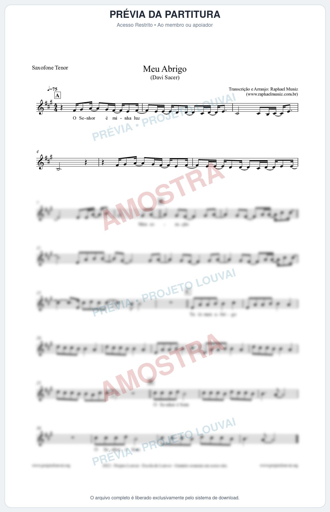Prévia protegida da primeira página da partitura Partitura para Saxofone Tenor - Meu Abrigo - Davi Sacer