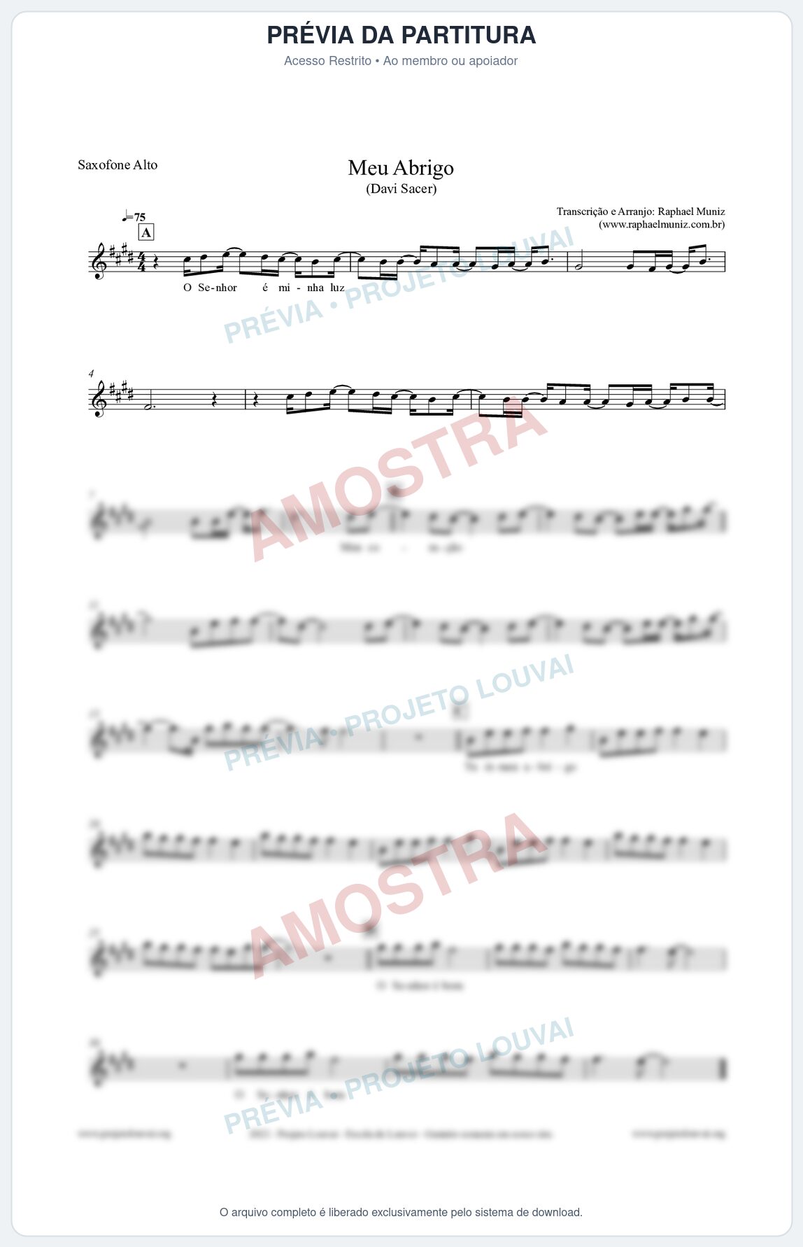 Prévia protegida da primeira página da partitura Partitura para Saxofone Alto - Meu Abrigo - Davi Sacer