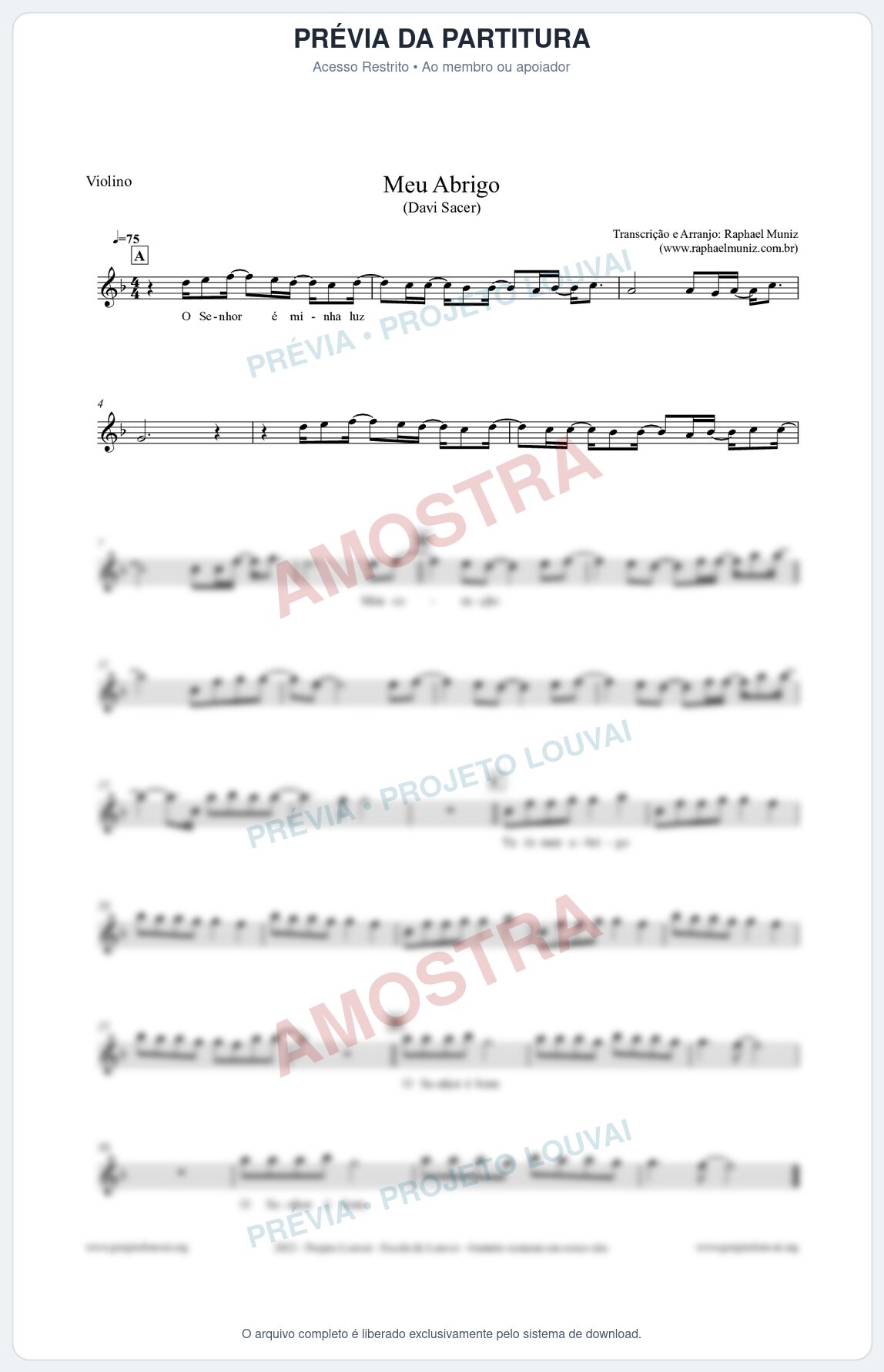 Prévia protegida da primeira página da partitura Partitura para Violino - Meu Abrigo - Davi Sacer