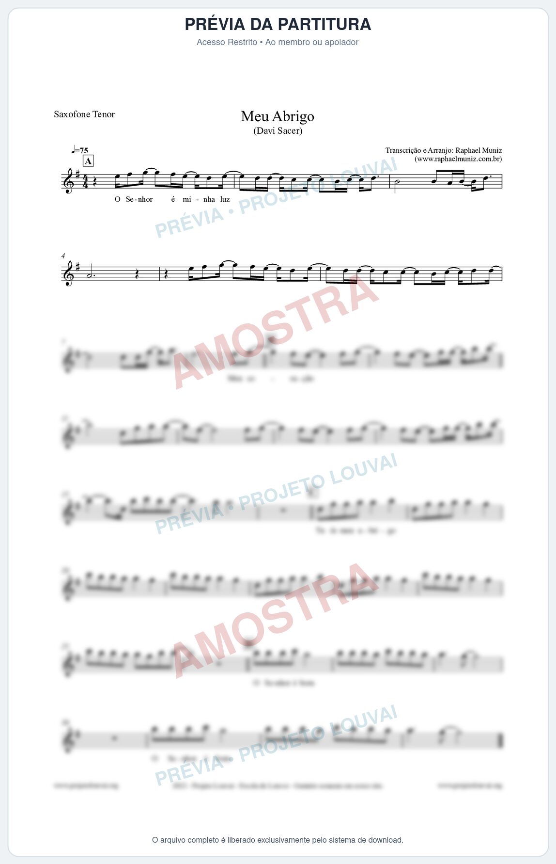 Prévia protegida da primeira página da partitura Partitura para Saxofone Tenor - Meu Abrigo - Davi Sacer