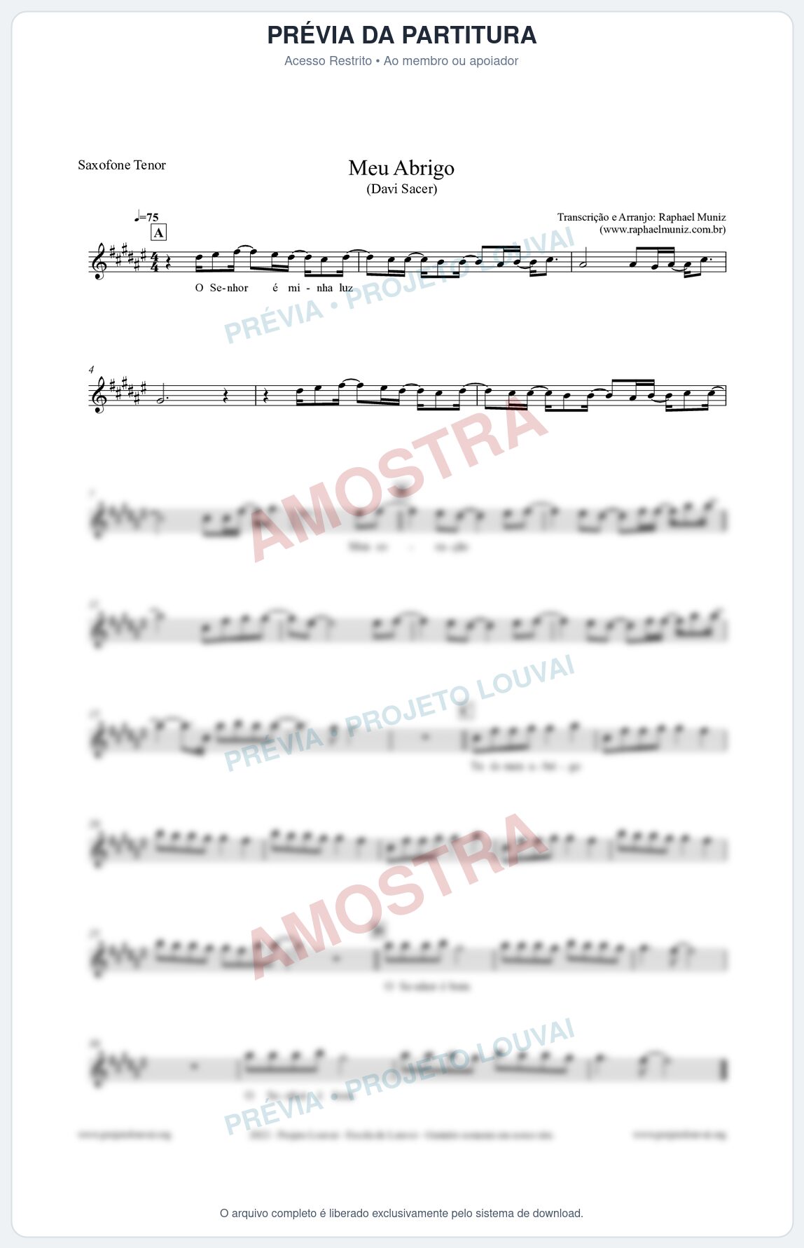 Prévia protegida da primeira página da partitura Partitura para Saxofone Tenor - Meu Abrigo - Davi Sacer