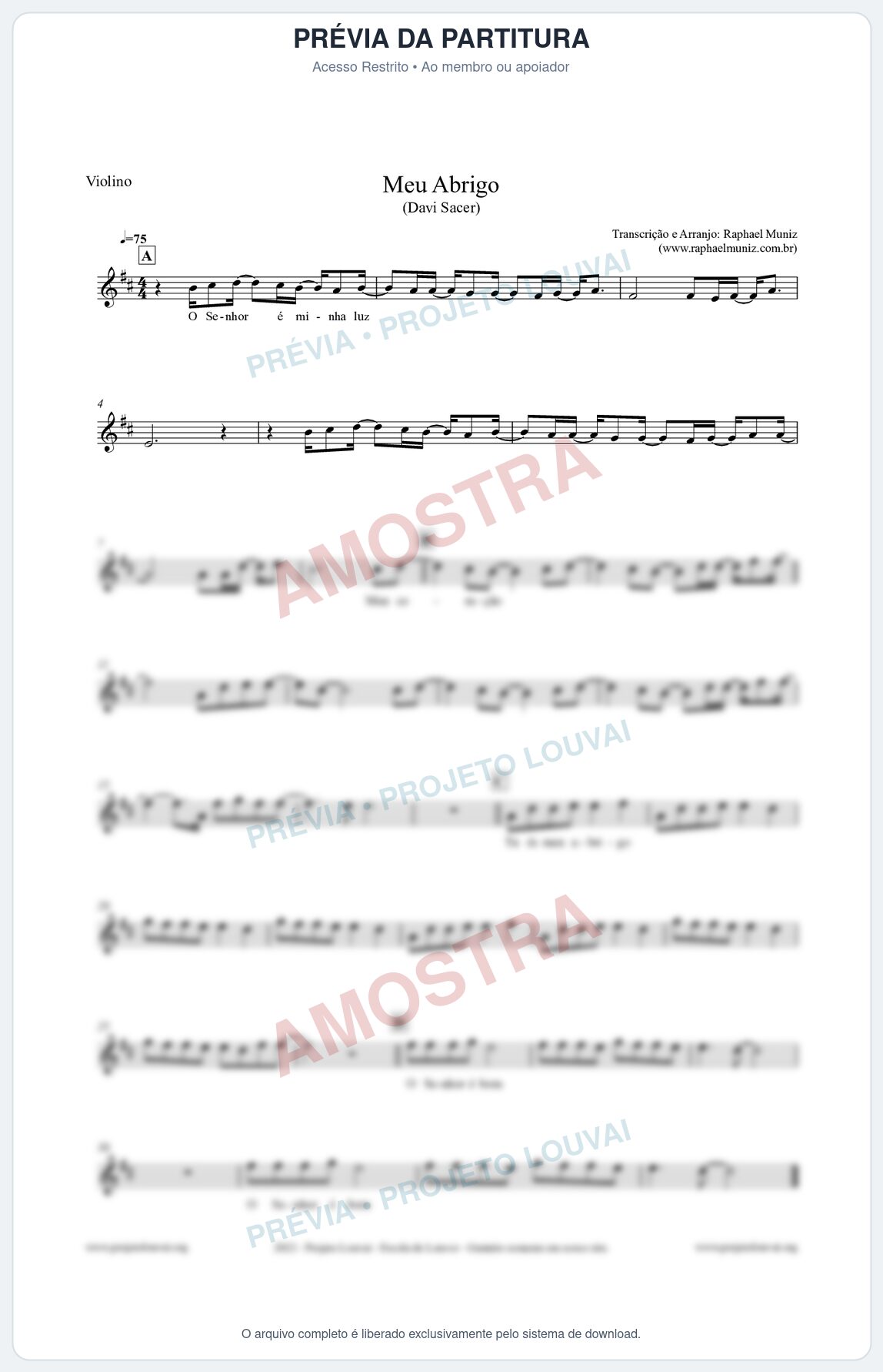 Prévia protegida da primeira página da partitura Partitura para Violino - Meu Abrigo - Davi Sacer