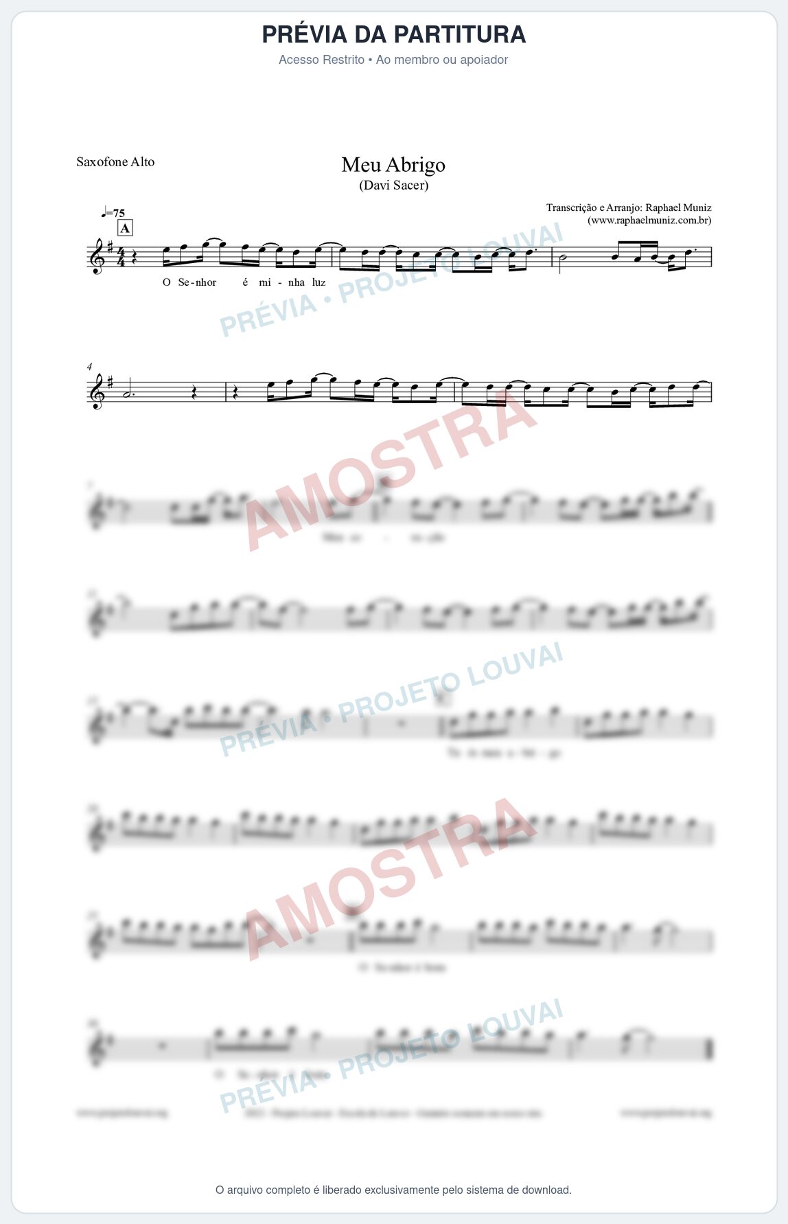 Prévia protegida da primeira página da partitura Partitura para Saxofone Alto - Meu Abrigo - Davi Sacer