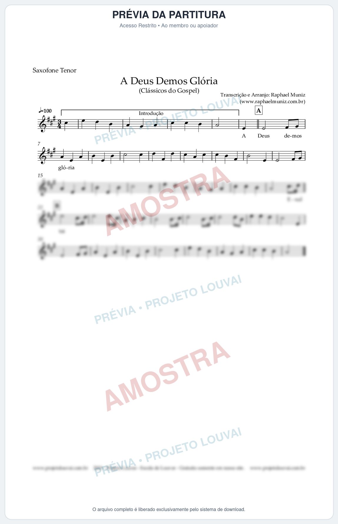 Prévia protegida da primeira página da partitura Partitura para Saxofone Tenor - A Deus demos Glória - Clássicos do Gospel