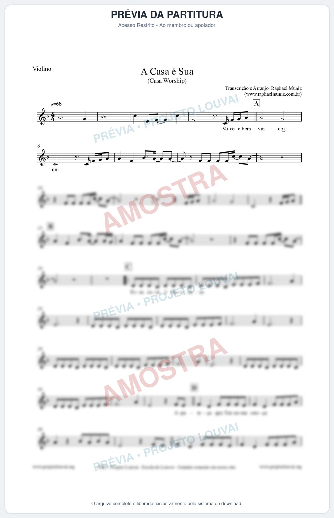 Prévia protegida da primeira página da partitura Partitura para Violino - A Casa é Sua - Casa Worship