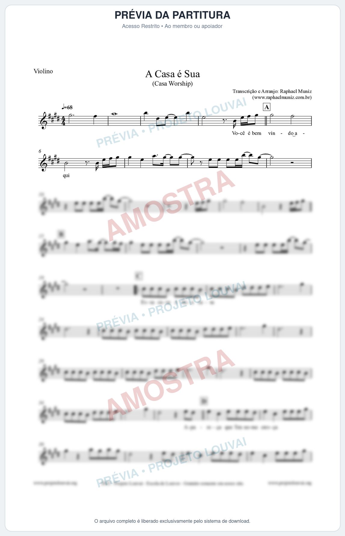 Prévia protegida da primeira página da partitura Partitura para Violino - A Casa é Sua - Casa Worship