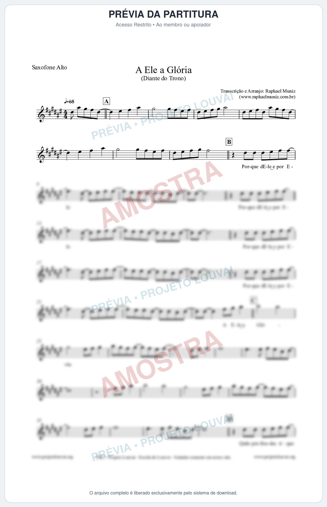 Prévia protegida da primeira página da partitura Partitura para Saxofone Alto - A Ele a Glória - Diante do Trono