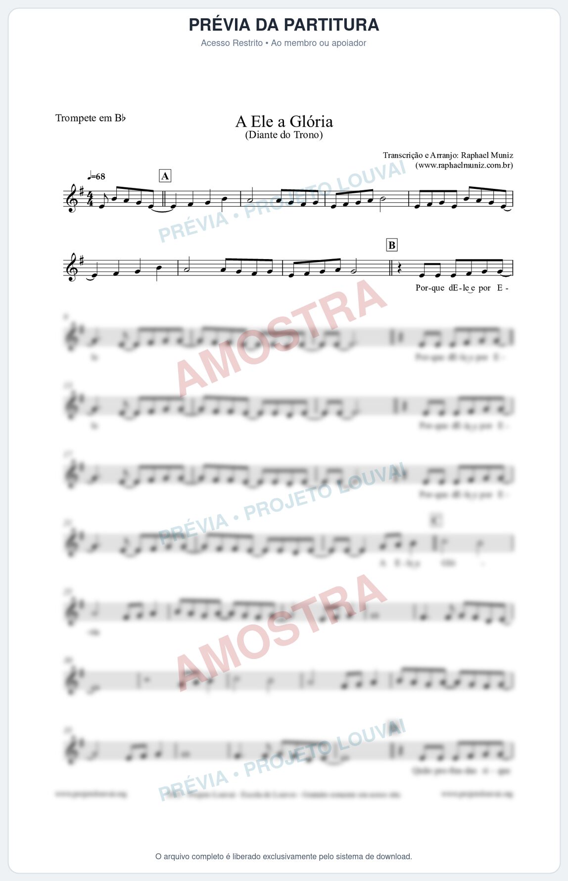 Prévia protegida da primeira página da partitura Partitura para Trompete em Bb - A Ele a Glória - Diante do Trono
