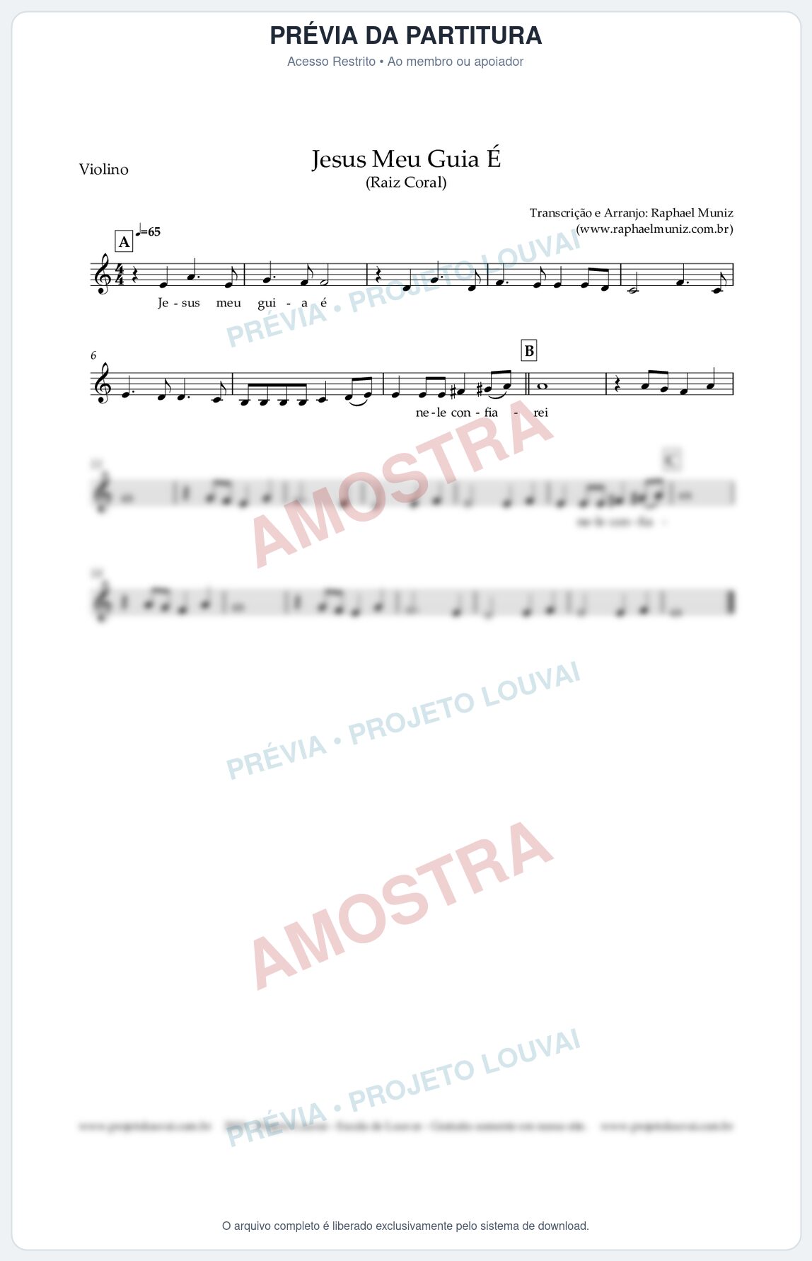 Prévia protegida da primeira página da partitura Partitura para Violino - Jesus Meu Guia É - Raiz Coral