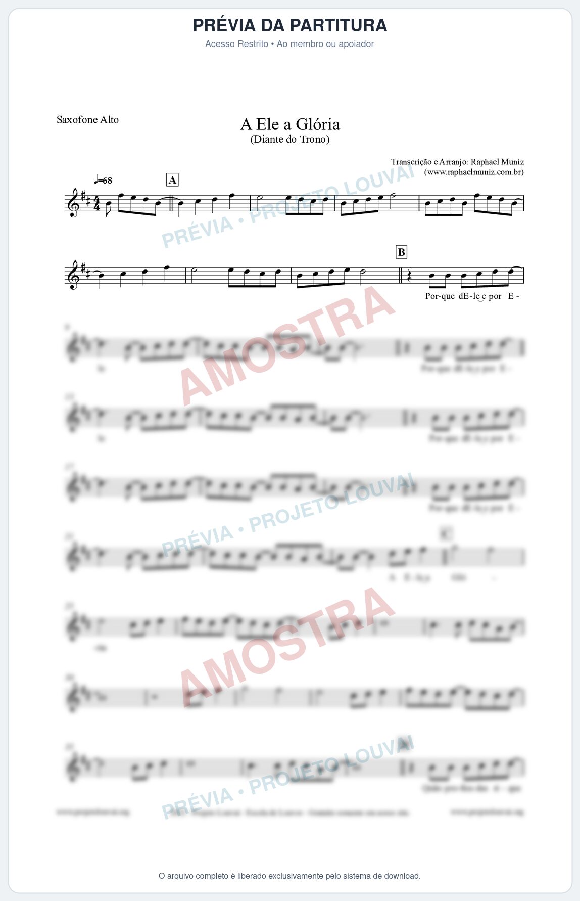Prévia protegida da primeira página da partitura Partitura para Saxofone Alto - A Ele a Glória - Diante do Trono