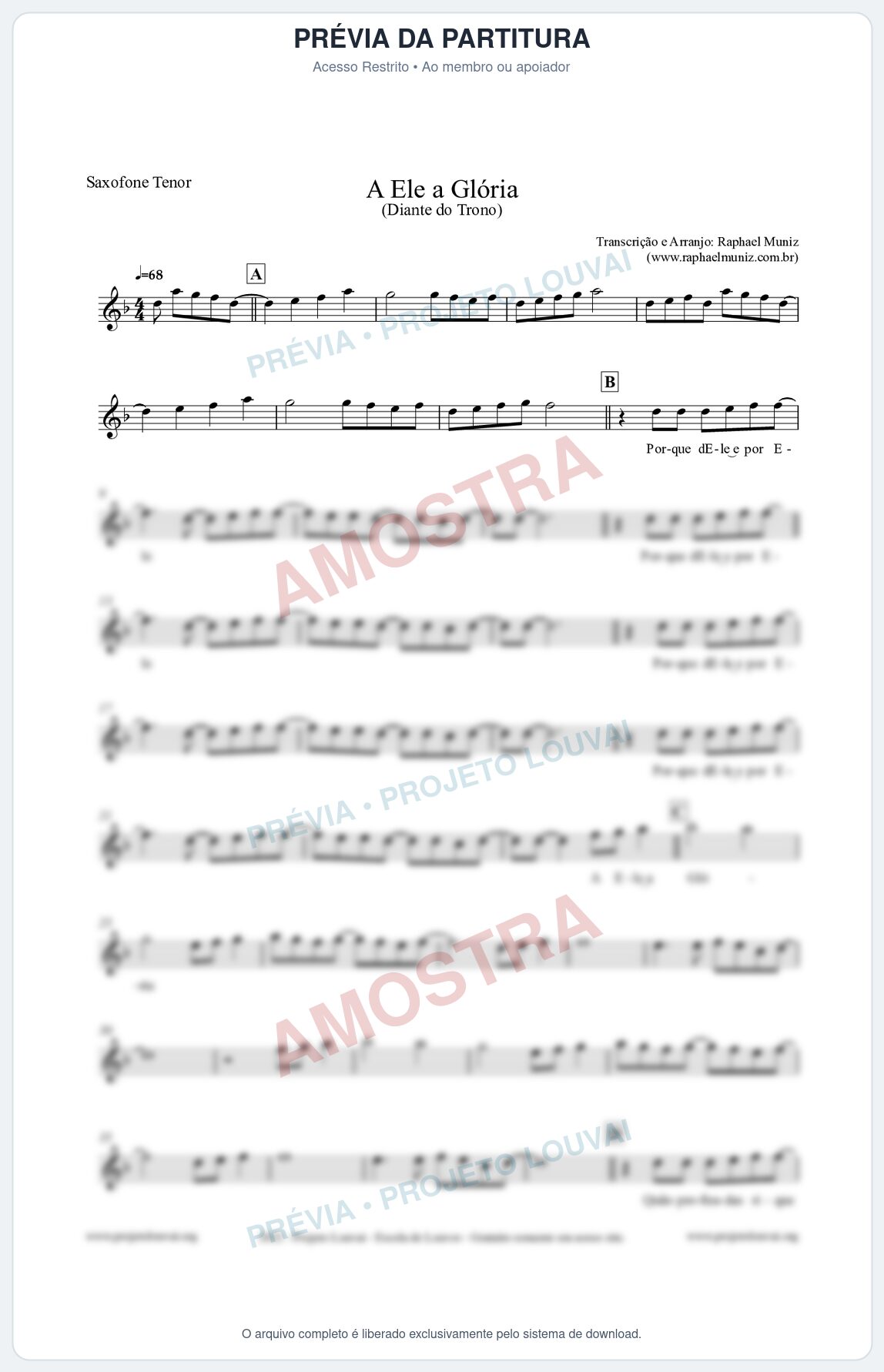 Prévia protegida da primeira página da partitura Partitura para Saxofone Tenor - A Ele a Glória - Diante do Trono