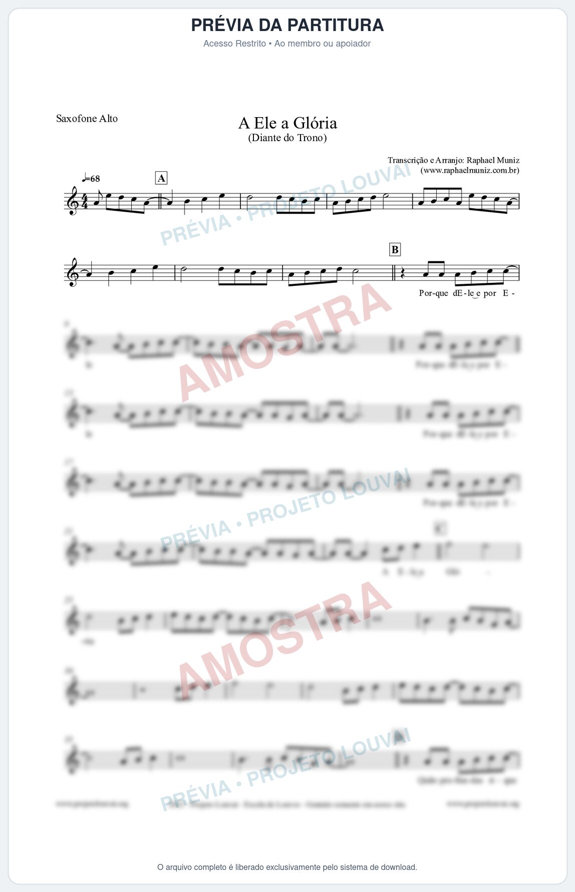 Prévia protegida da primeira página da partitura Partitura para Saxofone Alto - A Ele a Glória - Diante do Trono