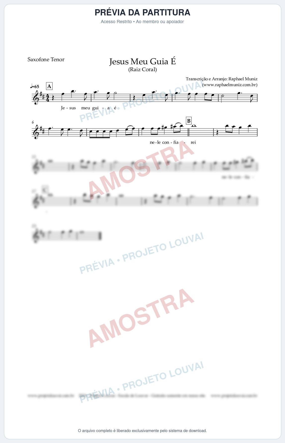 Prévia protegida da primeira página da partitura Partitura para Saxofone Tenor - Jesus Meu Guia É - Raiz Coral