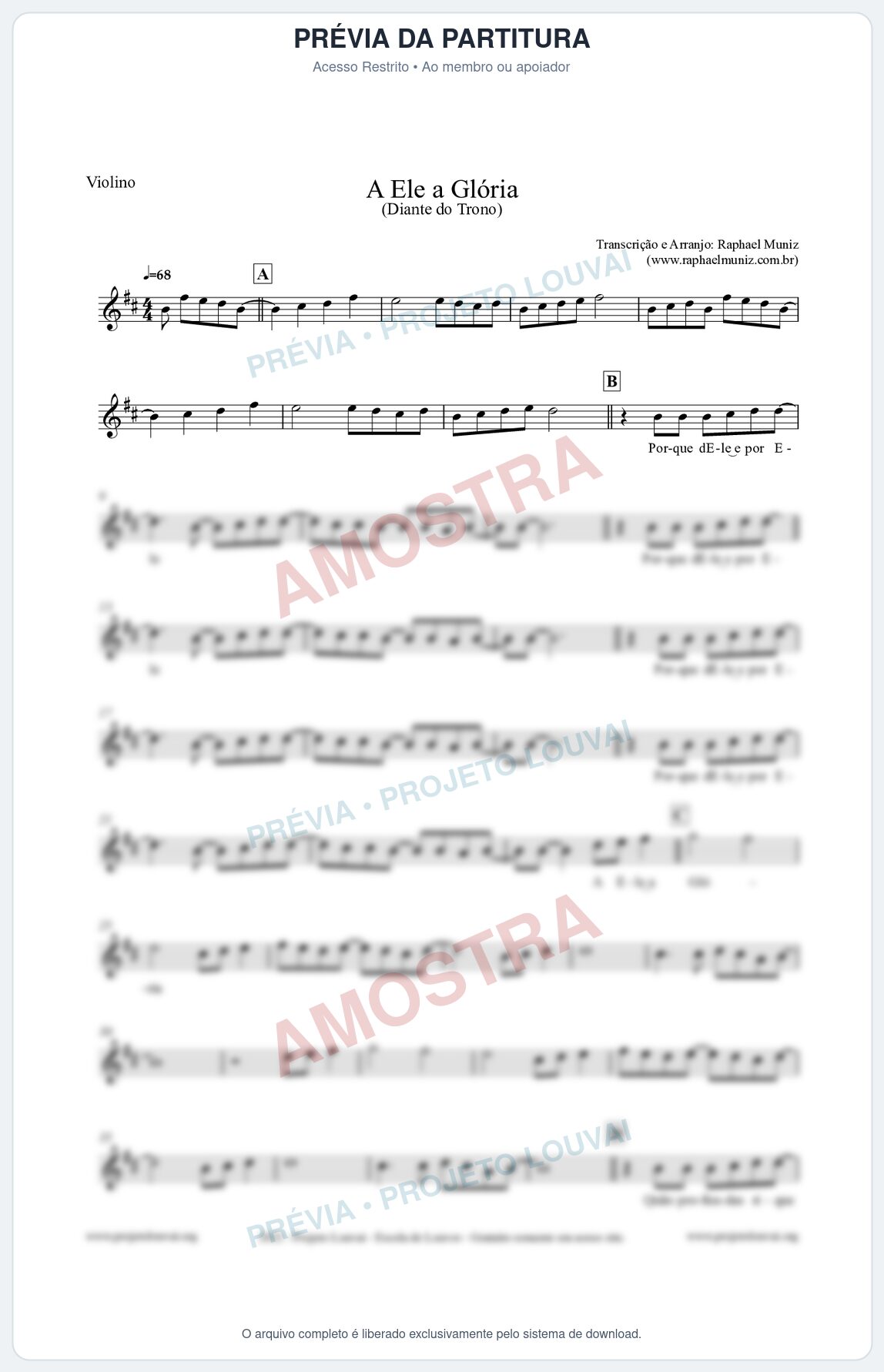 Prévia protegida da primeira página da partitura Partitura para Violino - A Ele a Glória - Diante do Trono
