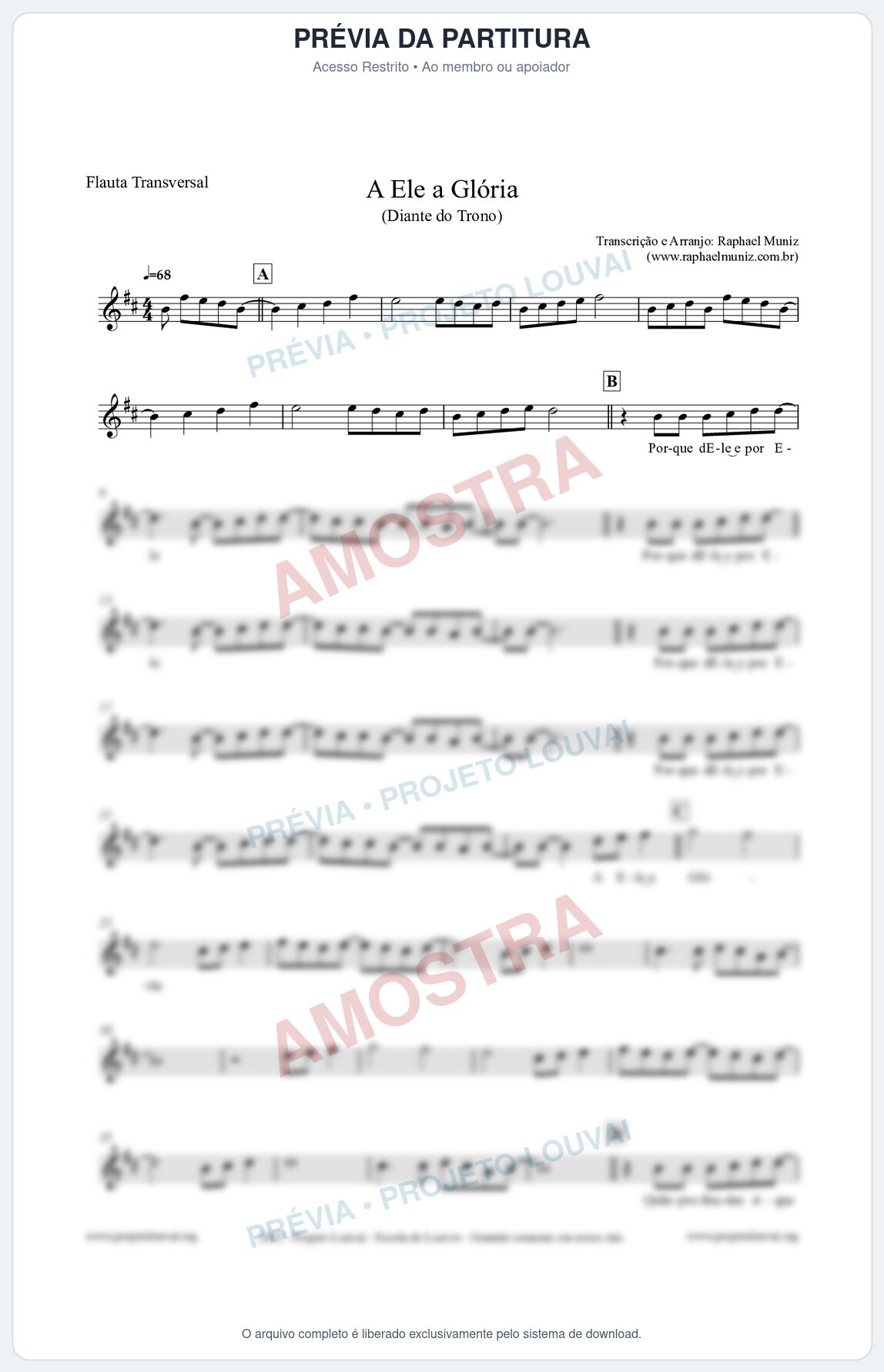 Prévia protegida da primeira página da partitura Partitura para Flauta Transversal - A Ele a Glória - Diante do Trono