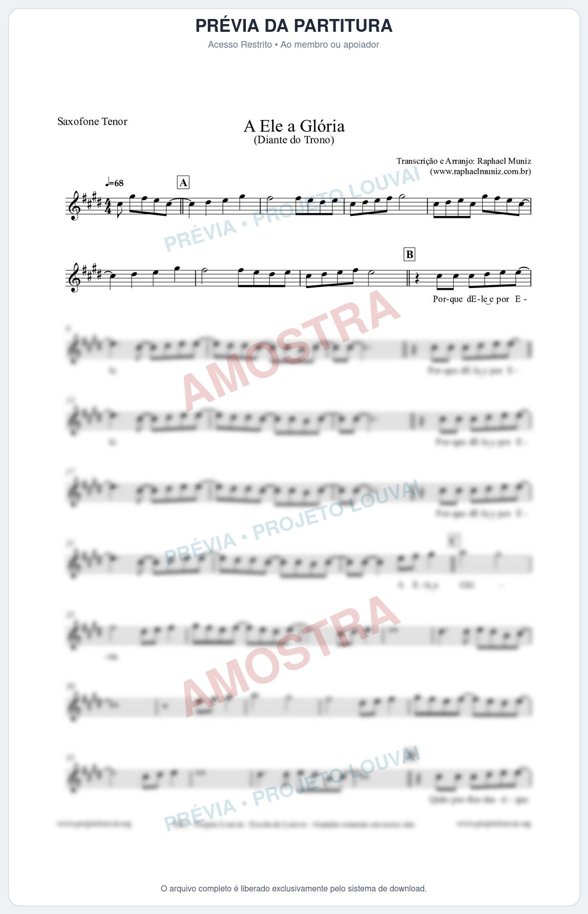 Prévia protegida da primeira página da partitura Partitura para Saxofone Tenor - A Ele a Glória - Diante do Trono