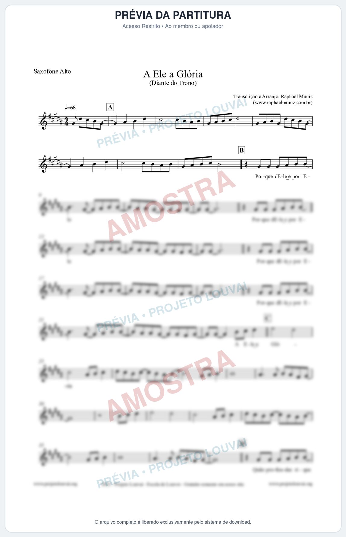 Prévia protegida da primeira página da partitura Partitura para Saxofone Alto - A Ele a Glória - Diante do Trono