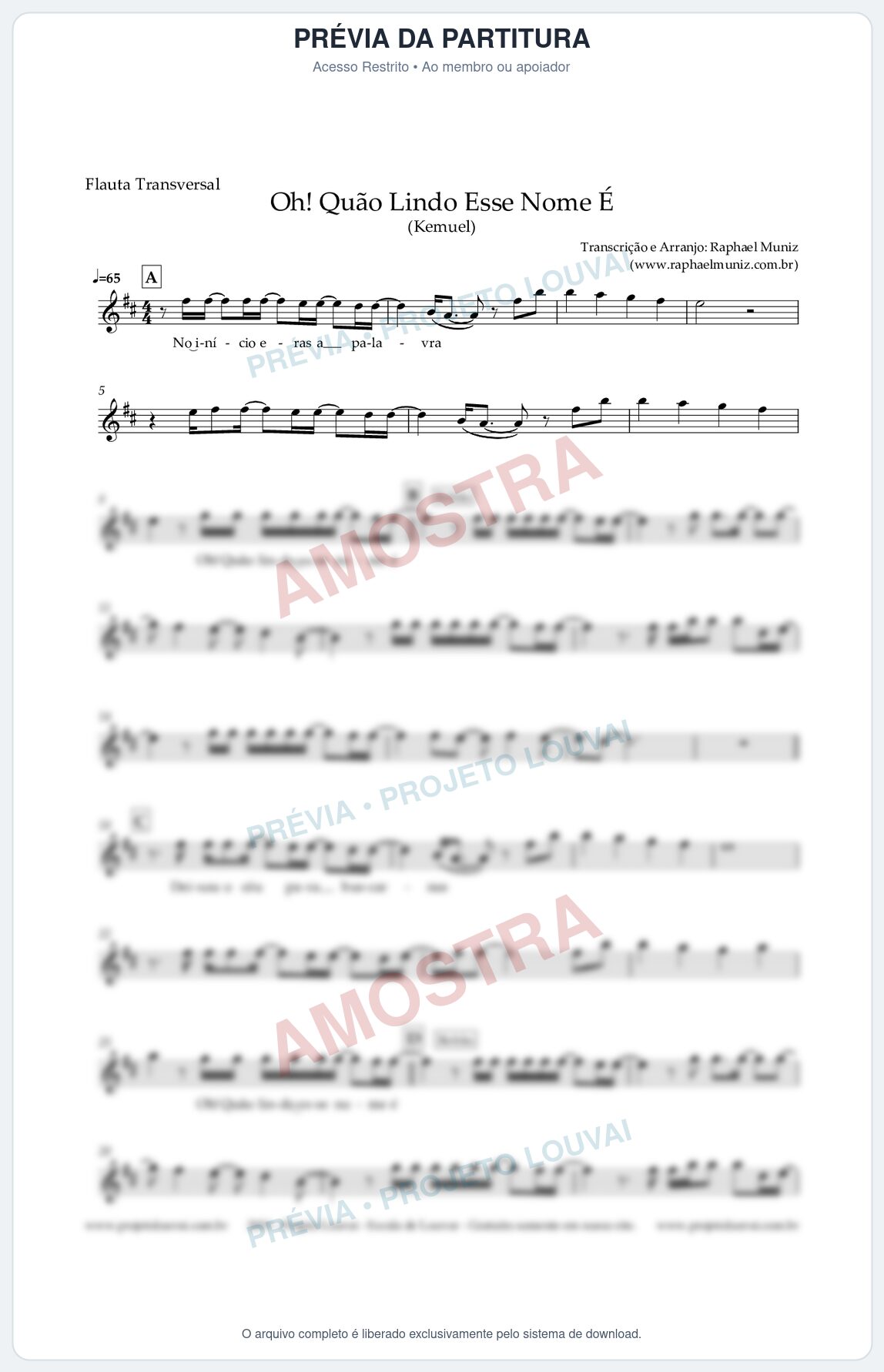 Prévia protegida da primeira página da partitura Partitura para Flauta Transversal - Oh! Quão Lindo Esse Nome É - Kemuel