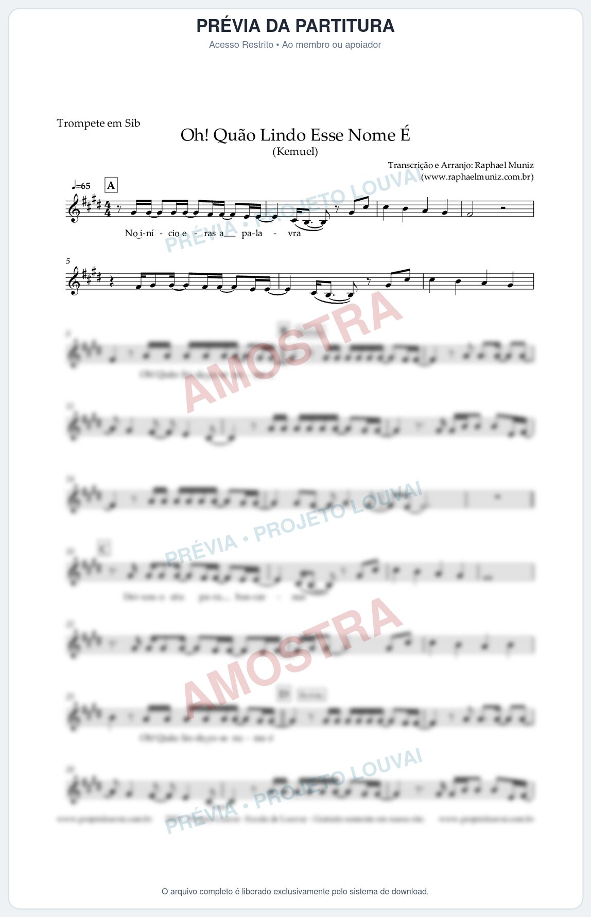 Prévia protegida da primeira página da partitura Partitura para Trompete em Bb - Oh! Quão Lindo Esse Nome É - Kemuel