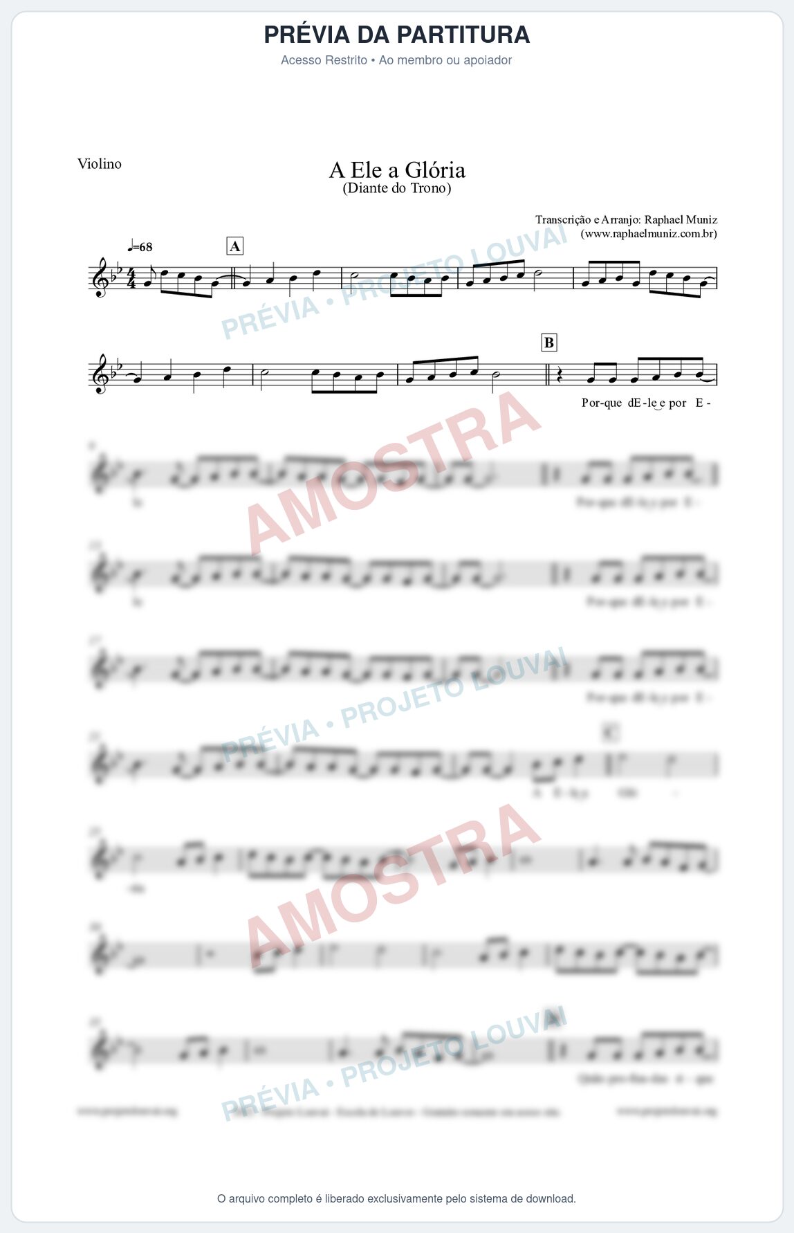Prévia protegida da primeira página da partitura Partitura para Violino - A Ele a Glória - Diante do Trono