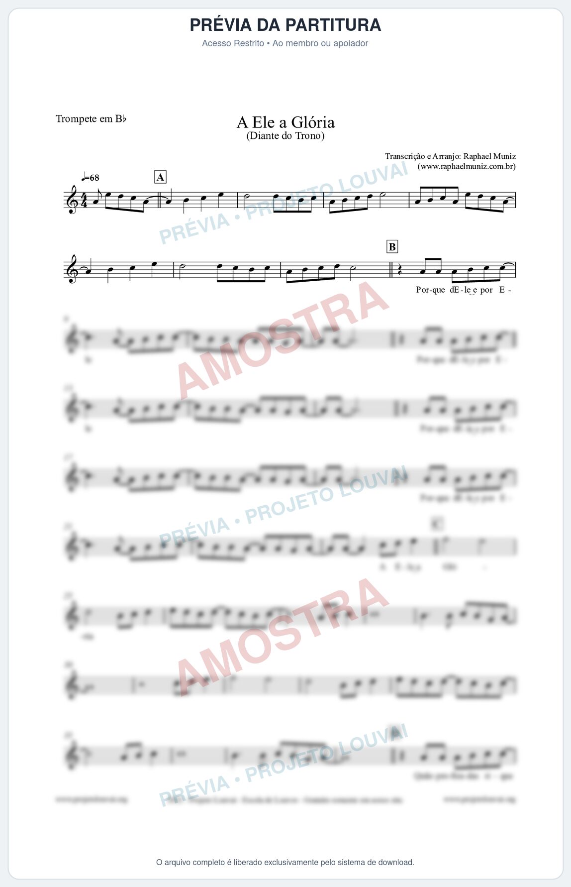 Prévia protegida da primeira página da partitura Partitura para Trompete em Bb - A Ele a Glória - Diante do Trono