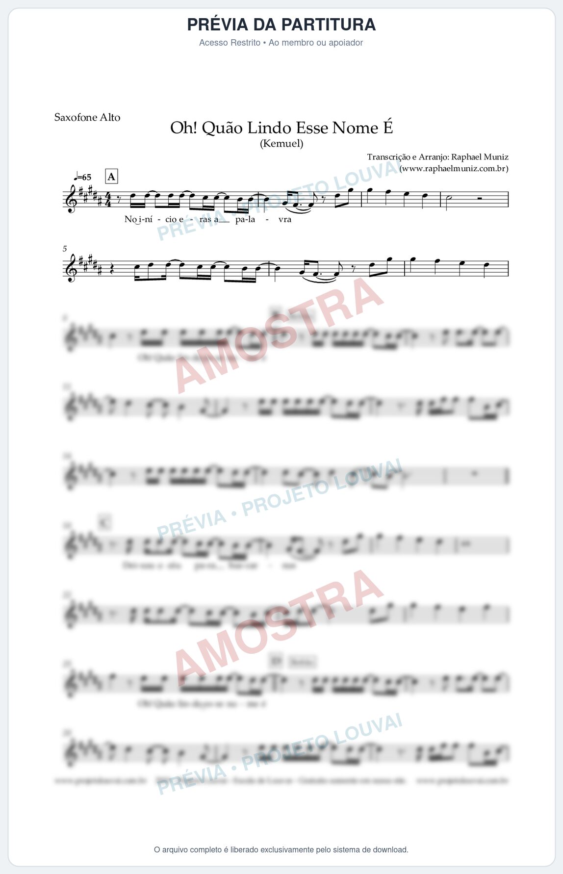 Prévia protegida da primeira página da partitura Partitura para Saxofone Alto - Oh! Quão Lindo Esse Nome É - Kemuel