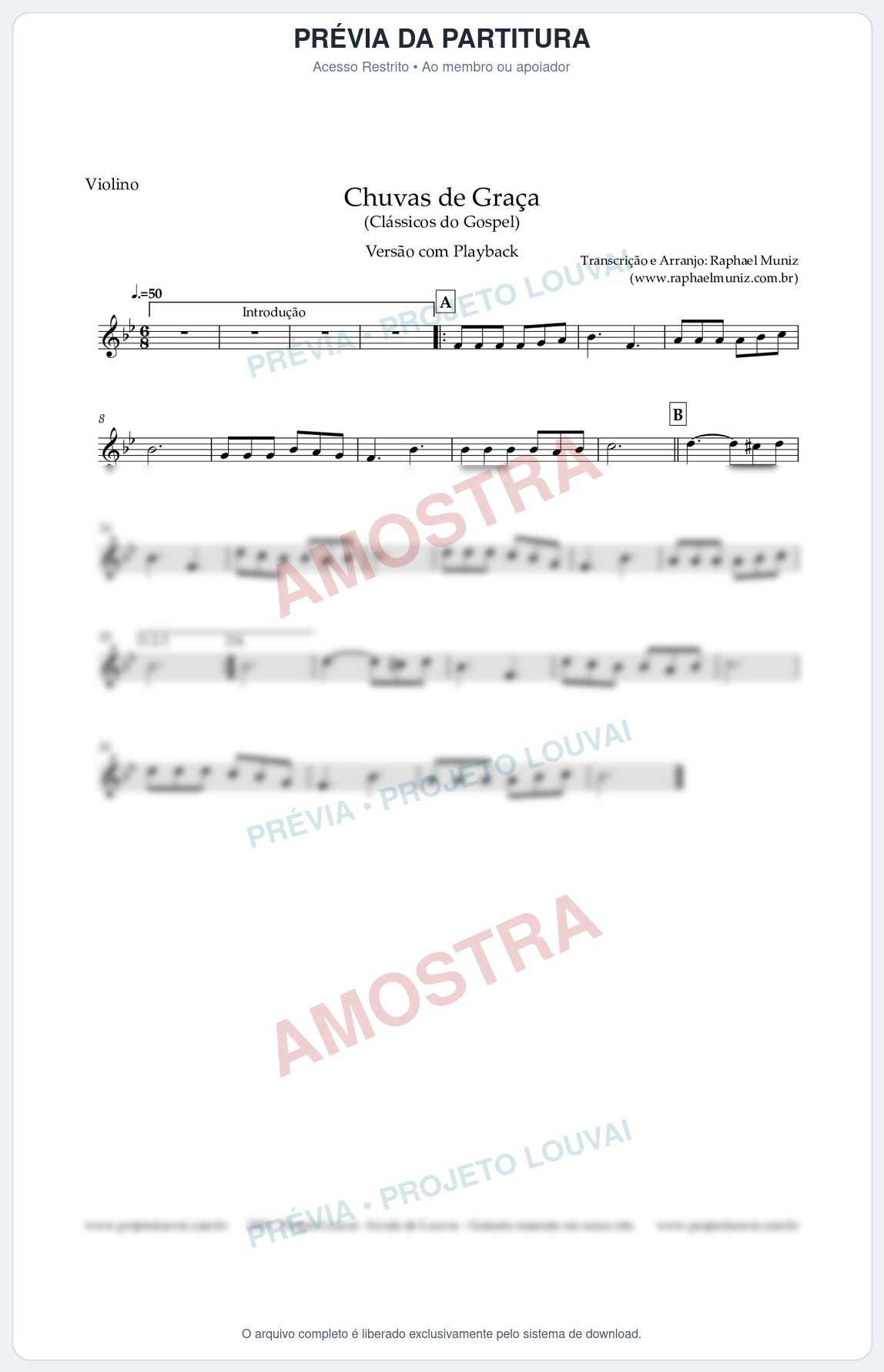 Prévia protegida da primeira página da partitura Partitura para Violino - Chuvas de Graça - Violino Playback - Harpa Cristã nº1 - Clássicos do Gospel