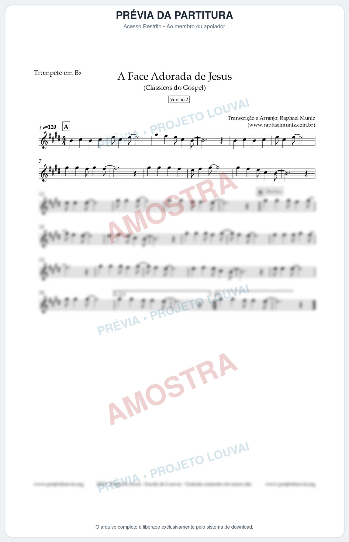 Prévia protegida da primeira página da partitura Partitura para Trompete em Bb - A Face Adorada de Jesus - Harpa Cristã 304 (Versão 2) - Clássicos do Gospel