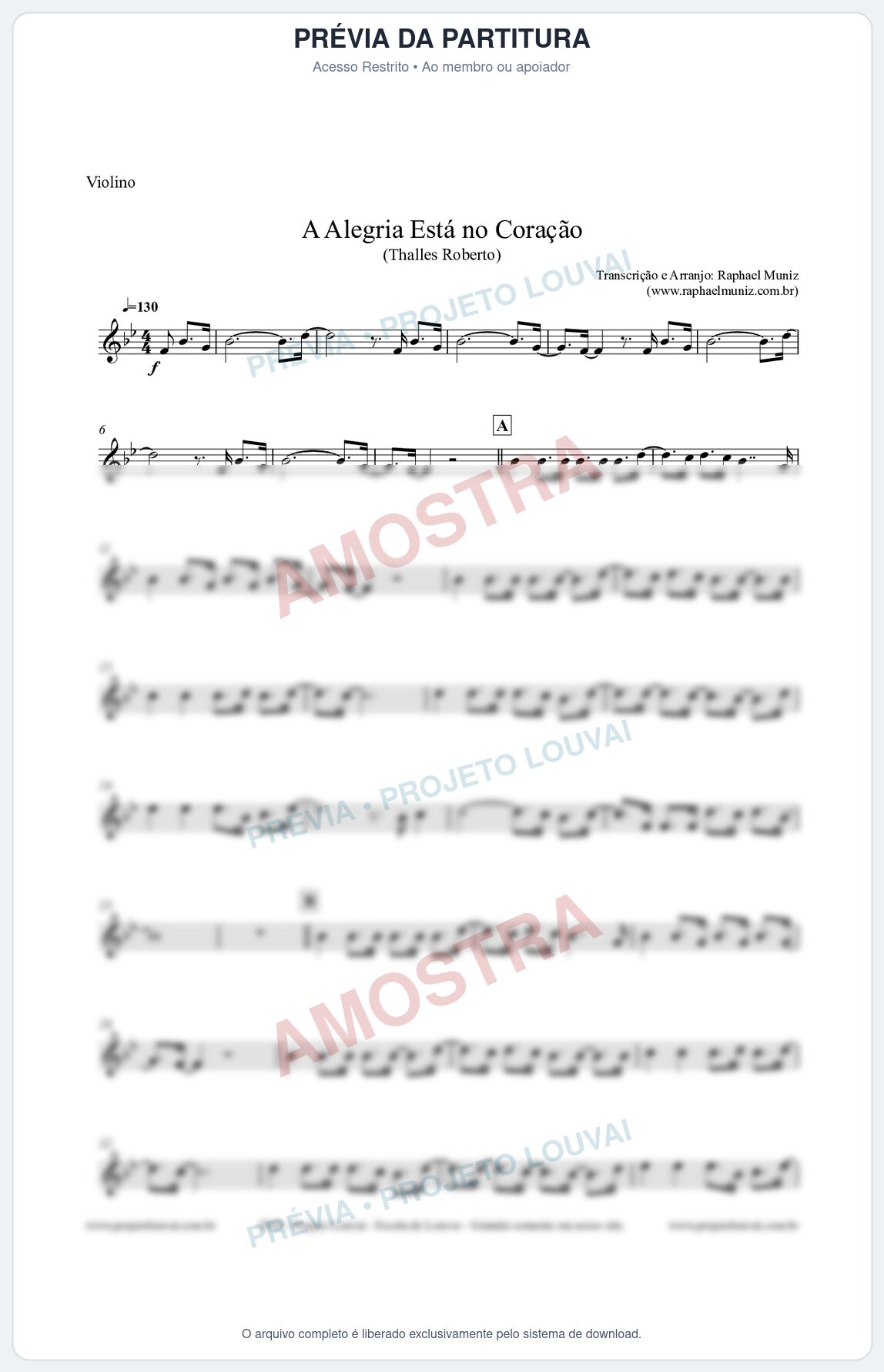 Prévia protegida da primeira página da partitura Partitura para Violino - A Alegria Está no Coração - Thalles Roberto