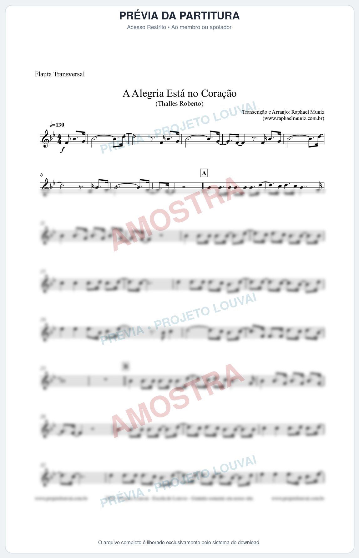 Prévia protegida da primeira página da partitura Partitura para Flauta Transversal - A Alegria Está no Coração - Thalles Roberto