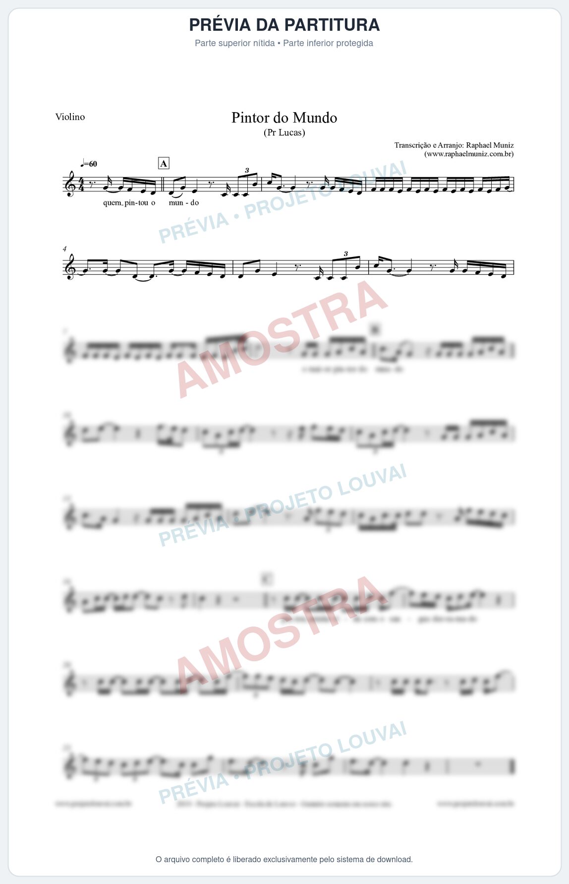 Prévia protegida da primeira página da partitura Partitura para Violino - Pintor do Mundo - Pr. Lucas