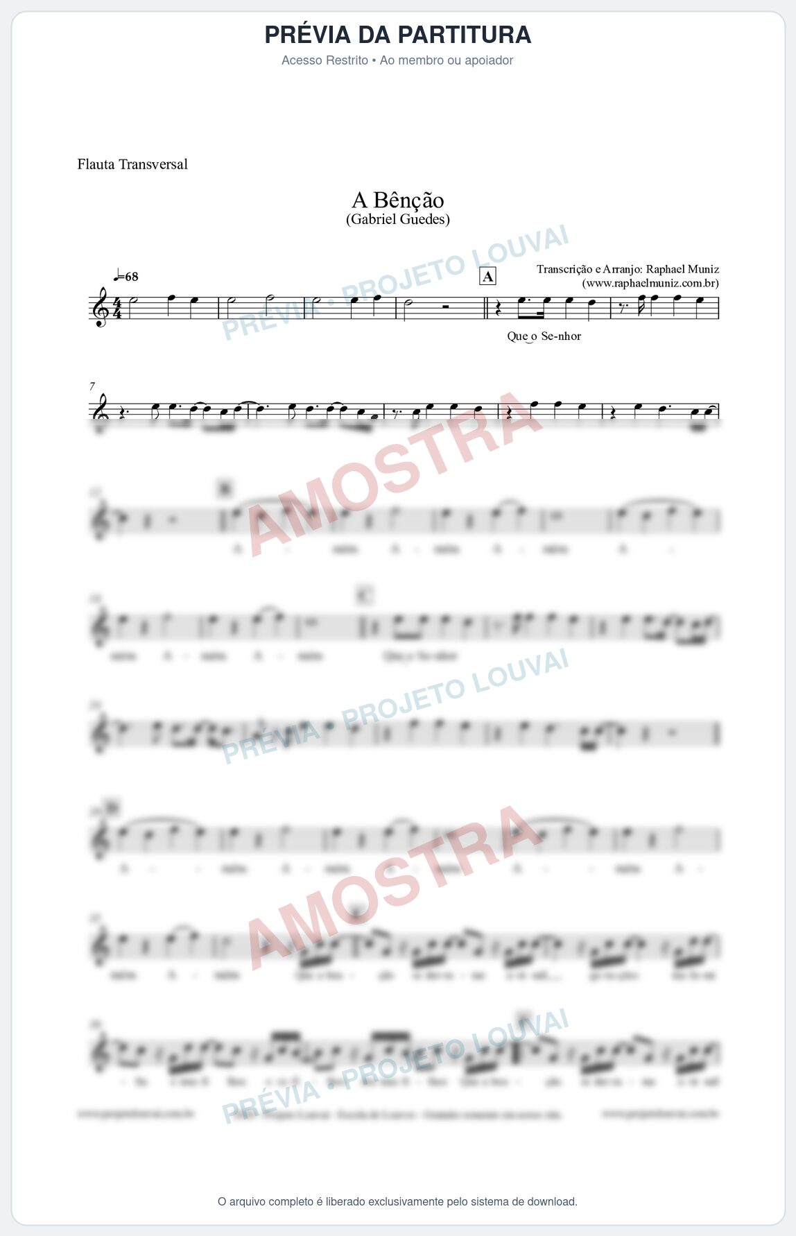 Prévia protegida da primeira página da partitura Partitura para Flauta Transversal - A Bênção - Gabriel Guedes